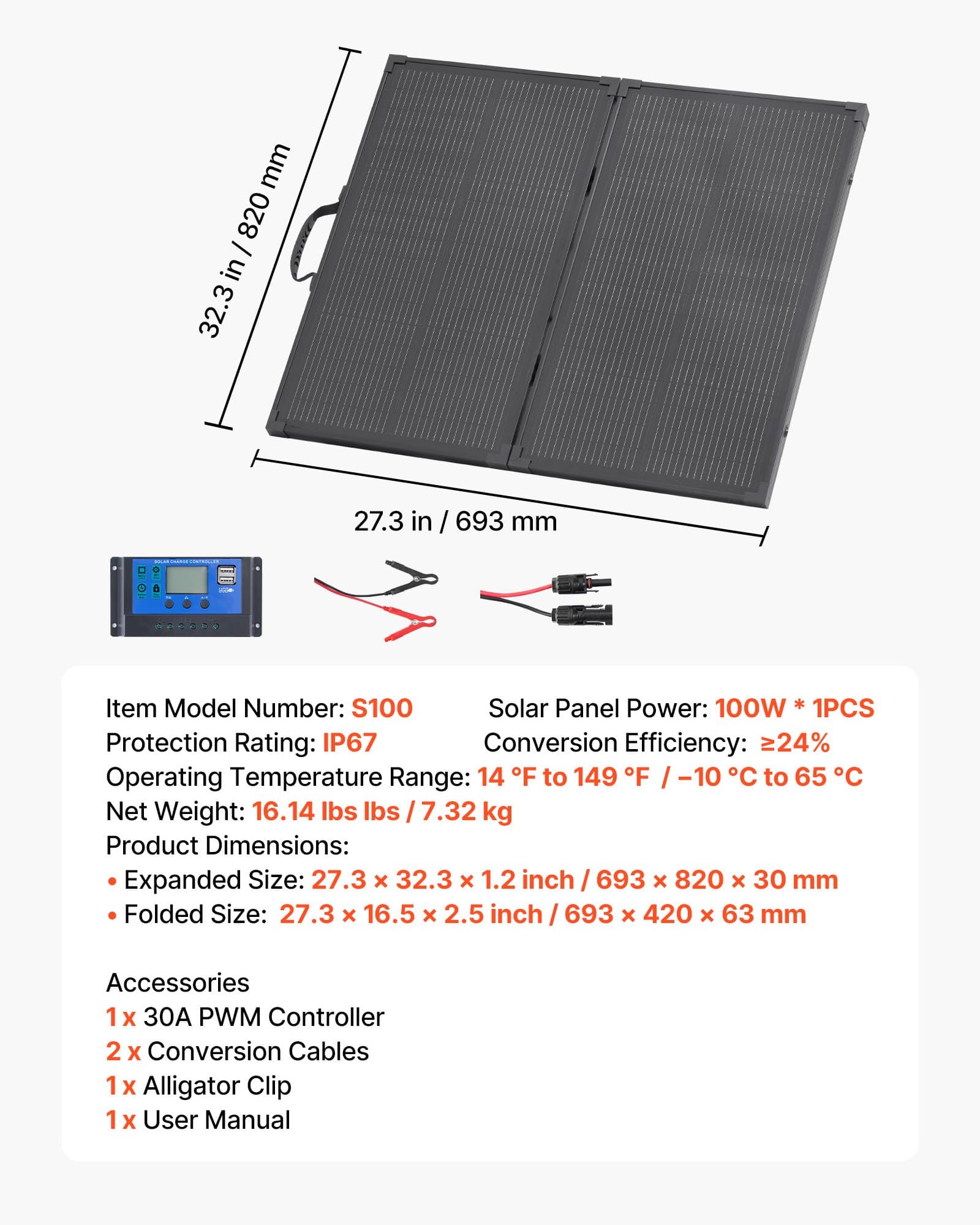 VEVOR 100W Foldable Monocrystalline Solar Panel, 24% Efficiency, IP67, 30A Controller, MC4, for Camping, RV, Outdoor Use - Image 7