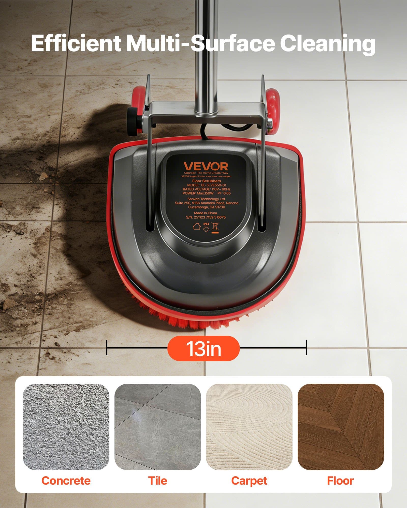VEVOR Commercial Floor Scrubber & Polisher, 325 mm, 0.75 HP, 1200–1900 RPM, 13 m Cord, 3 Pads & Brushes, All Floor Types - Зображення 3