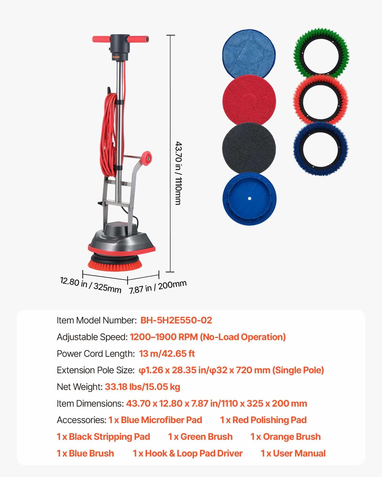 VEVOR Commercial Floor Scrubber & Polisher, 325 mm, 0.75 HP, 1200–1900 RPM, 13 m Cord, 3 Pads & Brushes, All Floor Types - Зображення 7