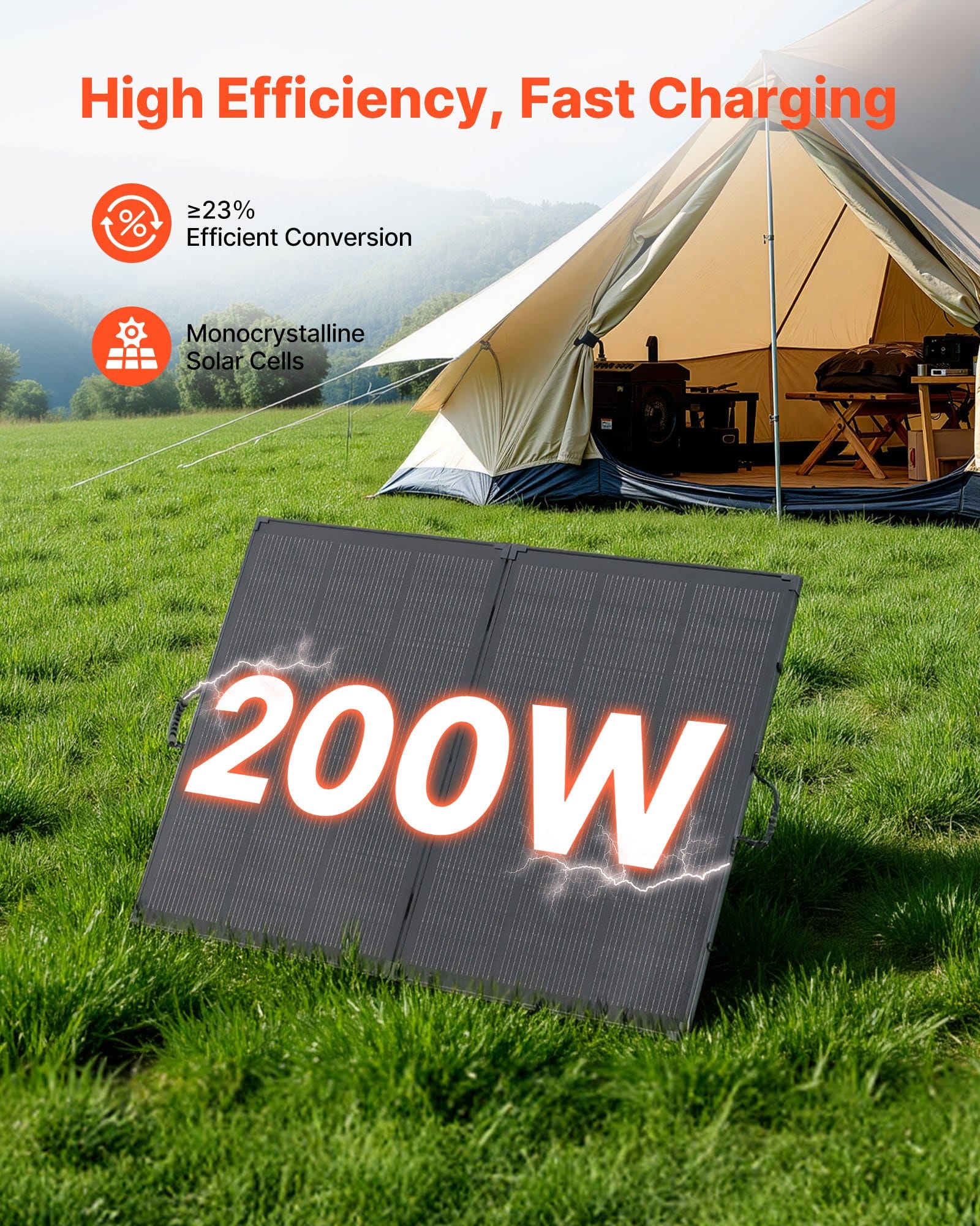 VEVOR 200W Foldable Monocrystalline Solar Panel with Frame, 23% Efficiency, 30A Controller, IP67 Waterproof, Portable for Outdoors — изображение 2