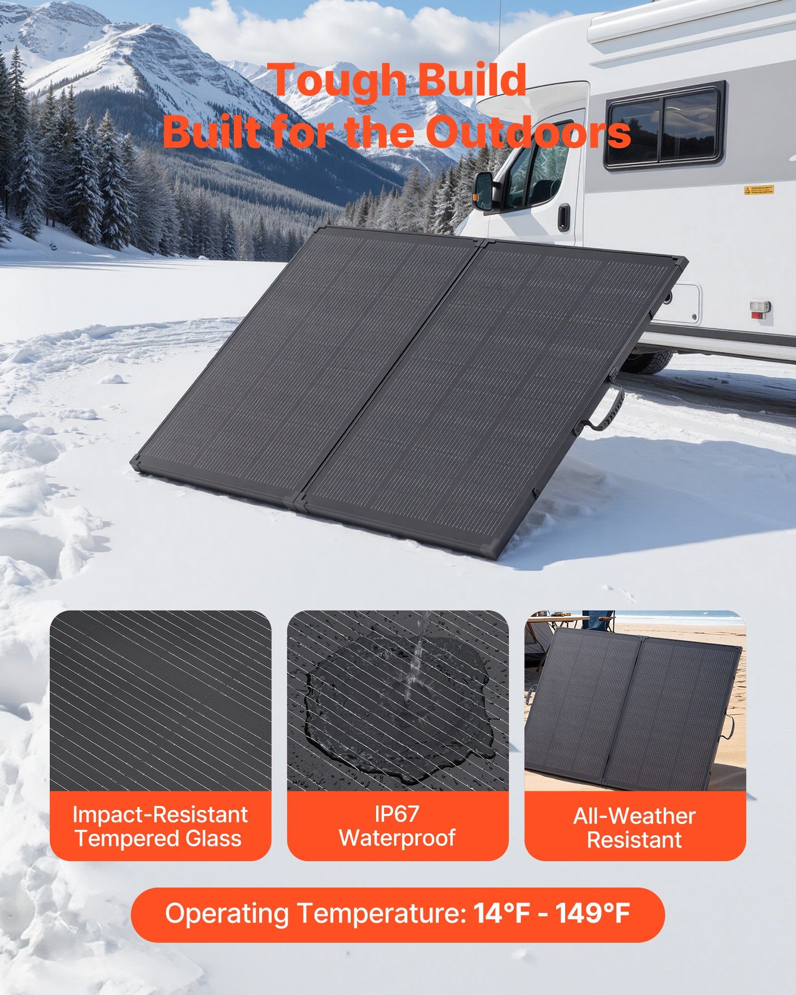 VEVOR 200W Foldable Monocrystalline Solar Panel with Frame, 23% Efficiency, 30A Controller, IP67 Waterproof, Portable for Outdoors — изображение 5