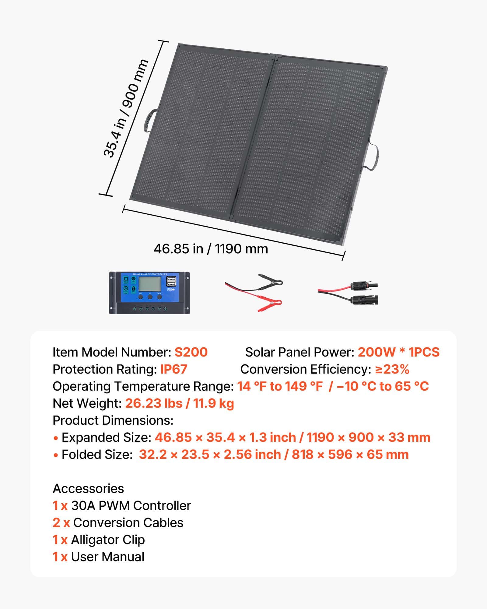 VEVOR 200W Foldable Monocrystalline Solar Panel with Frame, 23% Efficiency, 30A Controller, IP67 Waterproof, Portable for Outdoors — изображение 7