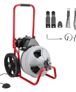 Машина для прочистки труб VEVOR 22м x 9.5мм, ручная подача, 6 насадок, ножной выключатель, на колесах, для труб 50–100мм