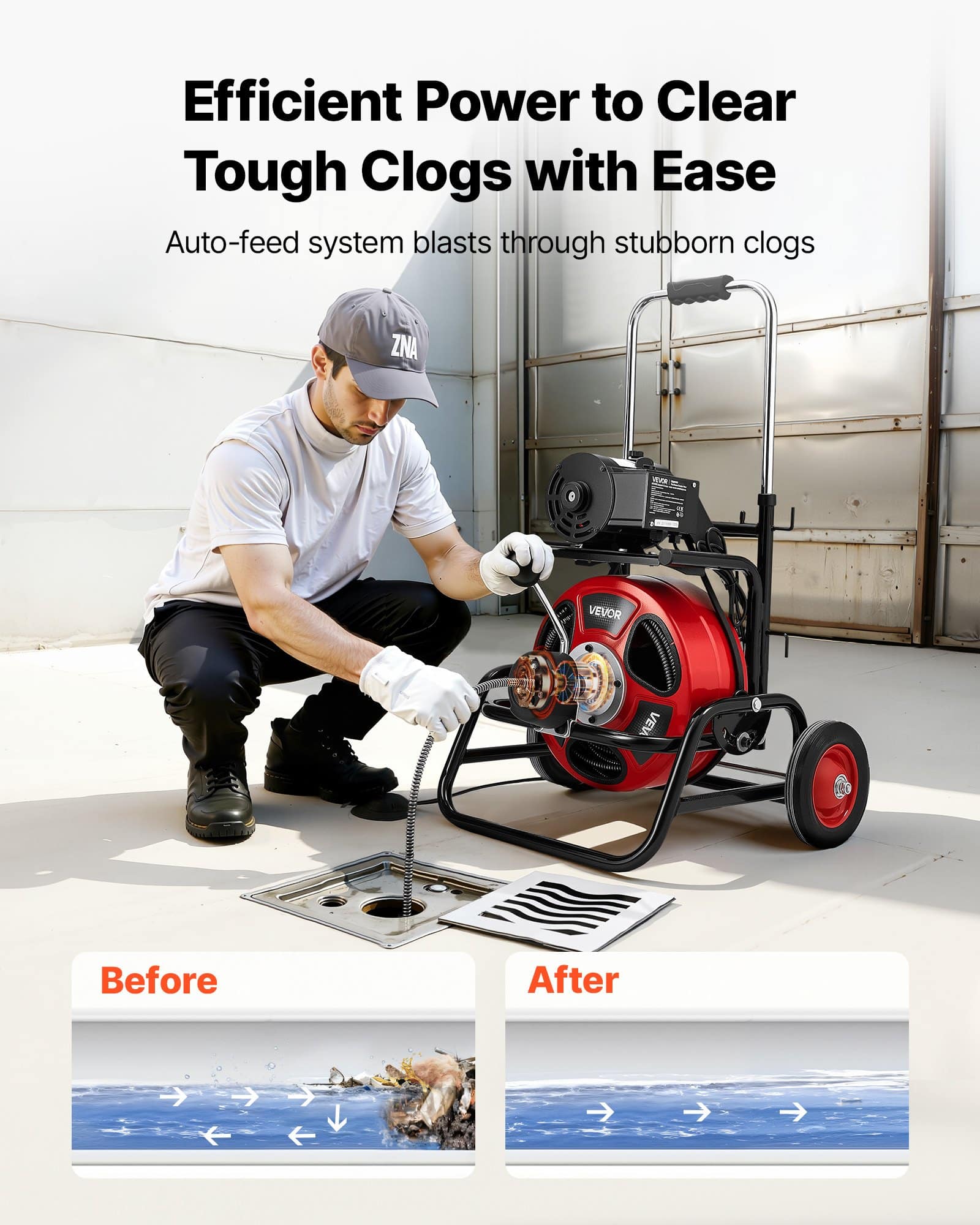 VEVOR Electric Drain Cleaner 30m x 12.7mm, Auto-Feed Sewer Snake Auger with 8 Cutters, Climbing Wheels, Foot Switch, for 50–150mm Pipes — изображение 2