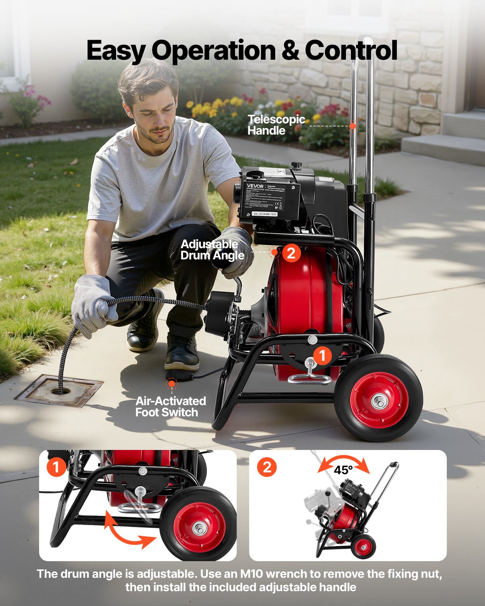 VEVOR Electric Drain Cleaner 30m x 12.7mm, Auto-Feed Sewer Snake Auger with 8 Cutters, Climbing Wheels, Foot Switch, for 50–150mm Pipes — изображение 5