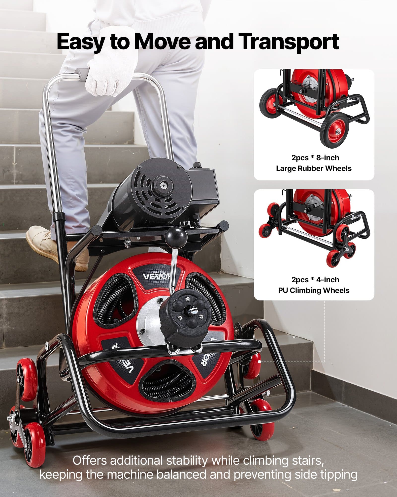 VEVOR Electric Drain Cleaner 30m x 12.7mm, Auto-Feed Sewer Snake Auger with 8 Cutters, Climbing Wheels, Foot Switch, for 50–150mm Pipes — изображение 8