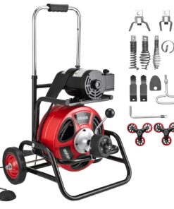 Электрическая машина для прочистки труб VEVOR 30 м x 12,7 мм, авто-подача троса, 8 насадок, лестничные колеса, для труб 50–150 мм