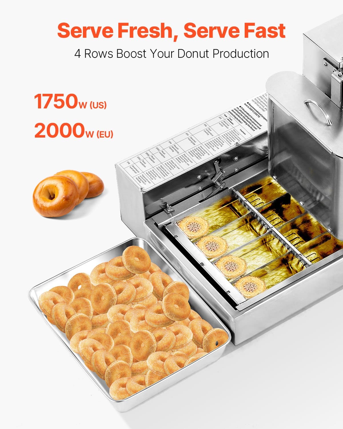 VEVOR 4-Row Automatic Donut Maker Machine, 240 pcs/h, 50 mm Ring Donuts, 3 L Hopper, 6.1 L Oil Tank, 304 Stainless Steel, 220–240 V — изображение 2
