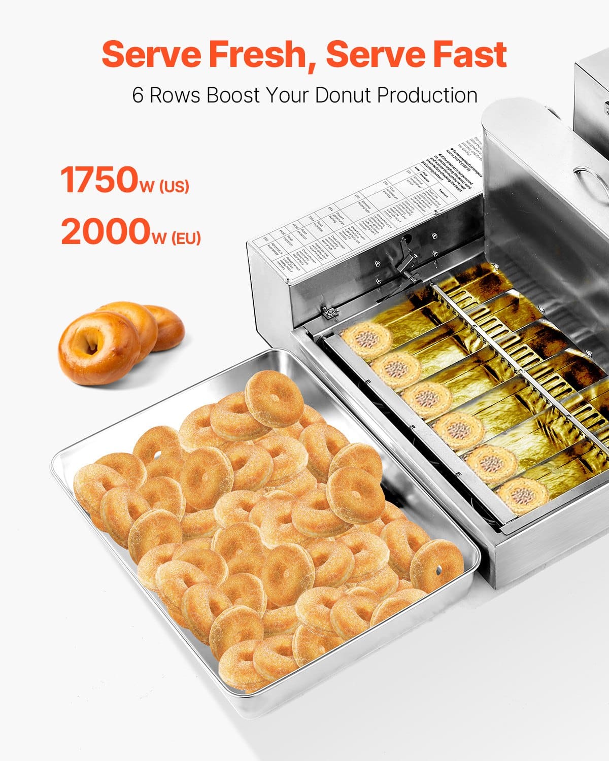 VEVOR Automatic Commercial Donut Maker, 6-Row 360 pcs/h Ring Donut Fryer, 304 Stainless Steel, 4.5L Hopper, 9.1L Oil Tank, Smart Control — attēls 2