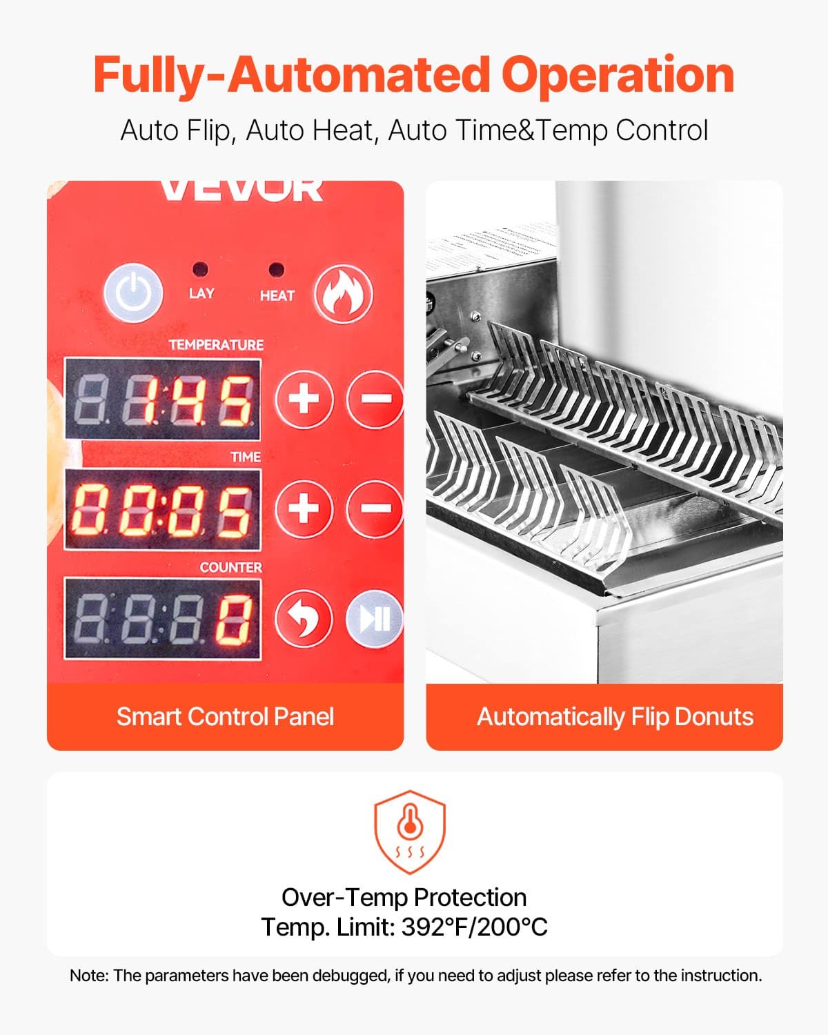 VEVOR Automatic Commercial Donut Maker, 6-Row 360 pcs/h Ring Donut Fryer, 304 Stainless Steel, 4.5L Hopper, 9.1L Oil Tank, Smart Control — attēls 3