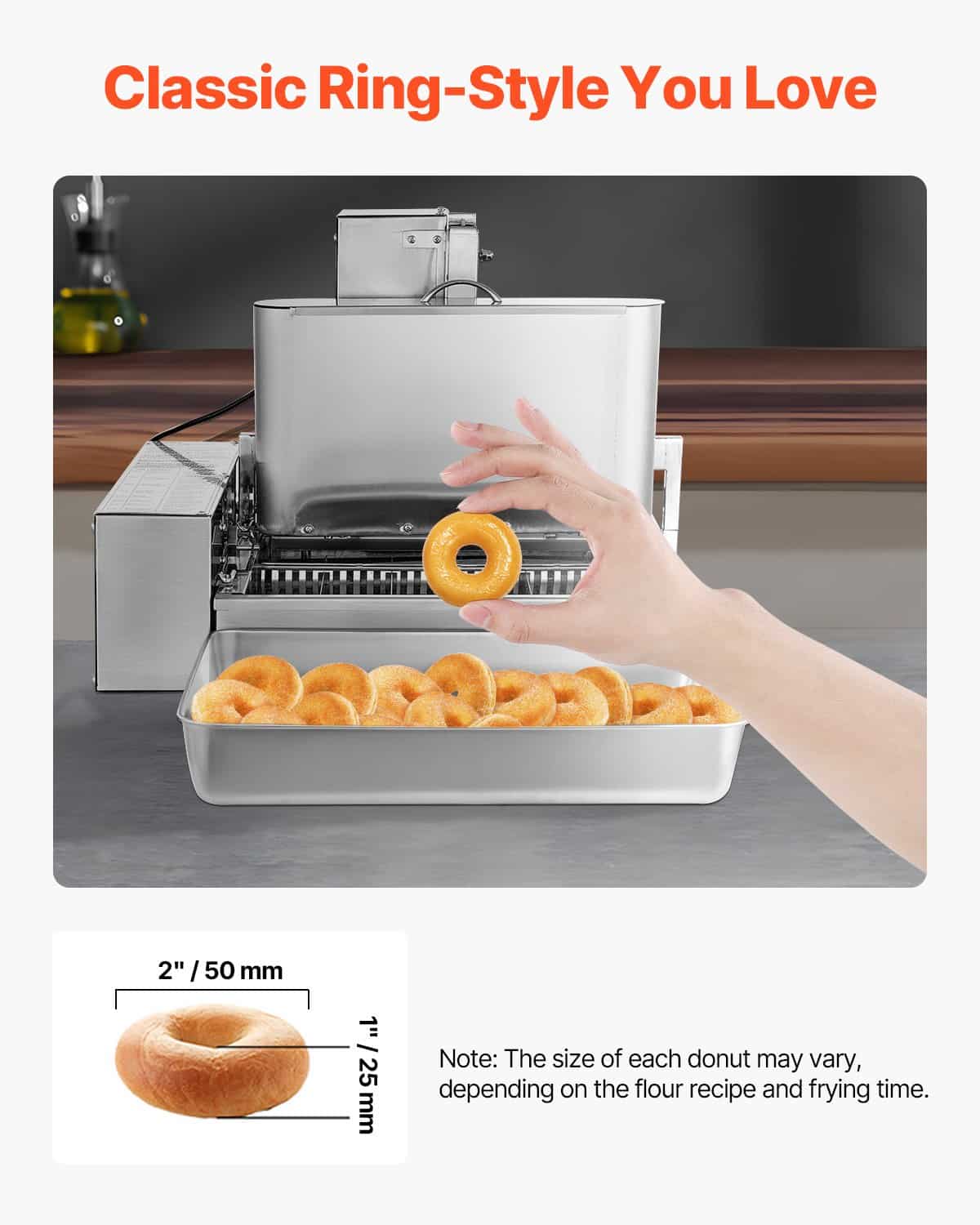 VEVOR Automatic Commercial Donut Maker, 6-Row 360 pcs/h Ring Donut Fryer, 304 Stainless Steel, 4.5L Hopper, 9.1L Oil Tank, Smart Control — attēls 4