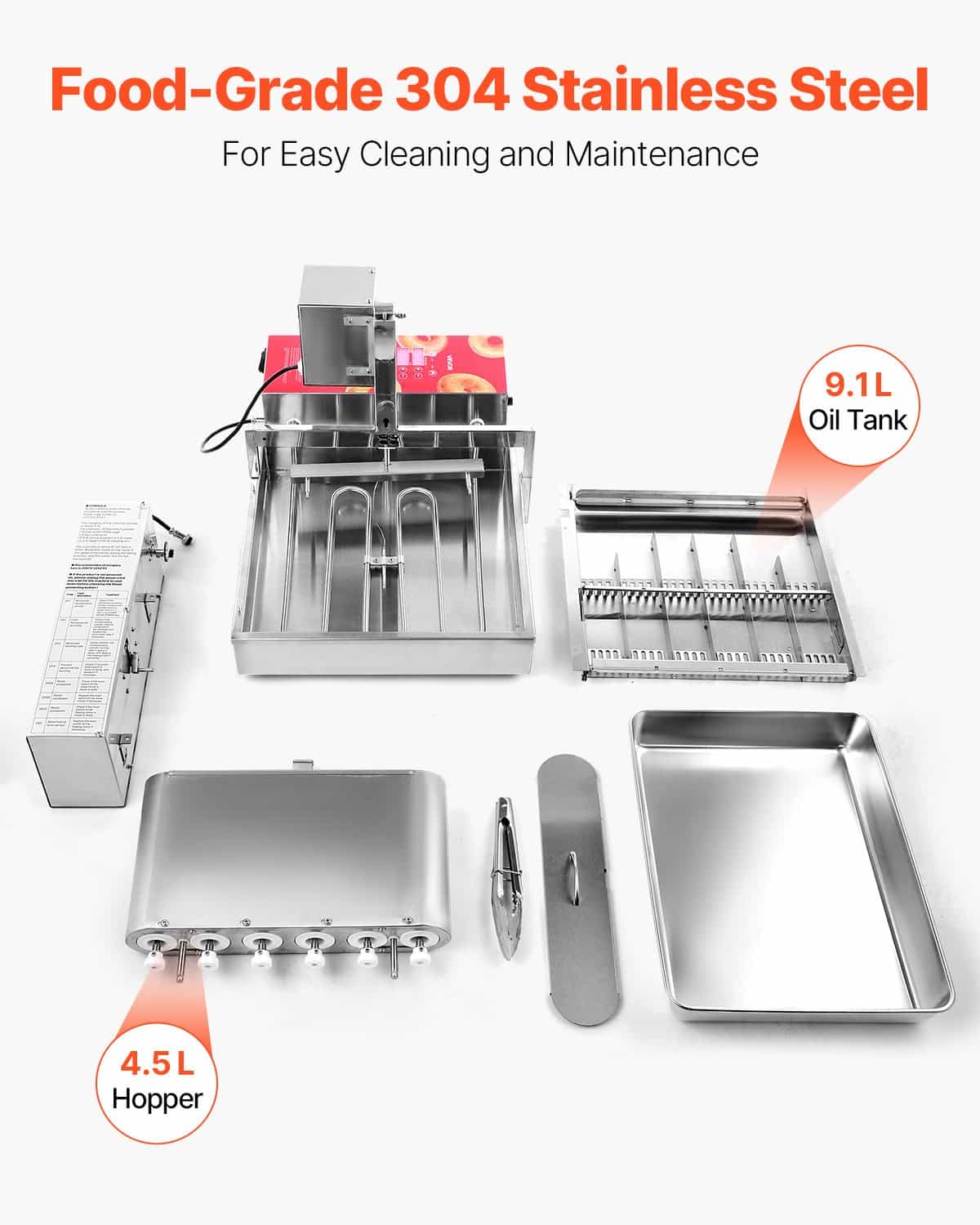 VEVOR Automatic Commercial Donut Maker, 6-Row 360 pcs/h Ring Donut Fryer, 304 Stainless Steel, 4.5L Hopper, 9.1L Oil Tank, Smart Control — attēls 5