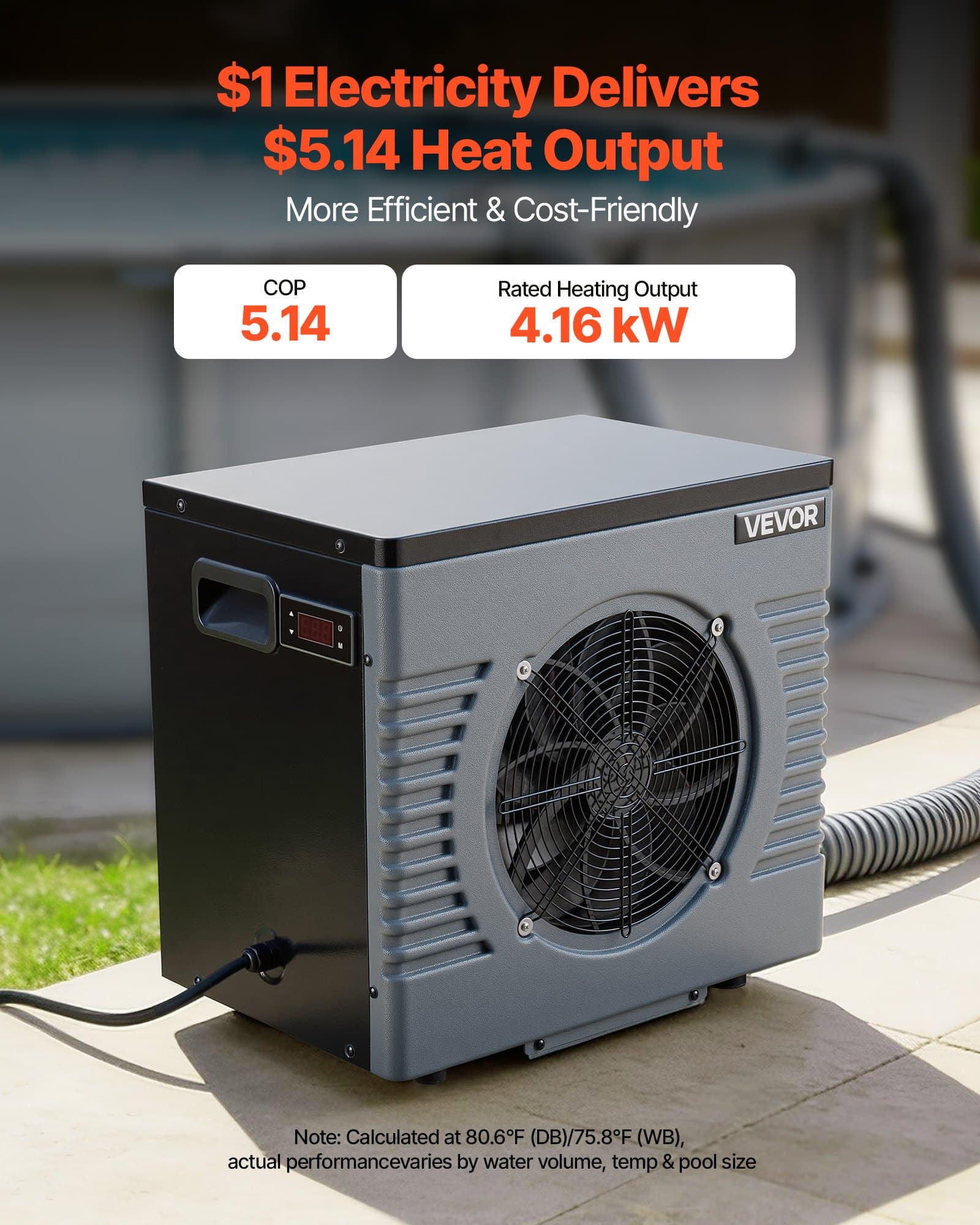 VEVOR 4.16 kW Pool Heat Pump, 220V Quiet Electric Heater & Chiller for 8–15 m³ Above Ground Pools, 15–40 °C, GFCI, Titanium - Зображення 2