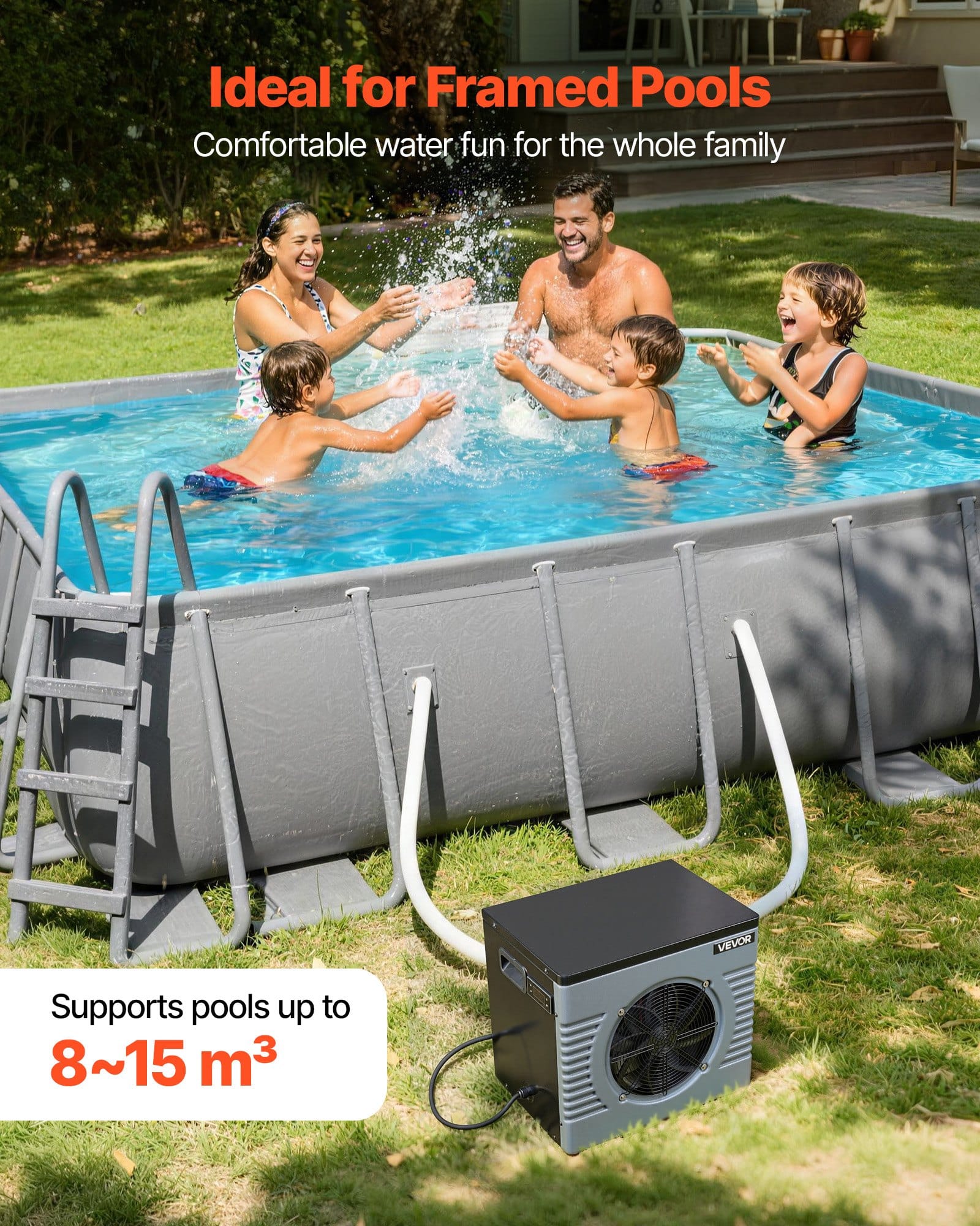VEVOR 4.16 kW Pool Heat Pump, 220V Quiet Electric Heater & Chiller for 8–15 m³ Above Ground Pools, 15–40 °C, GFCI, Titanium - Зображення 4