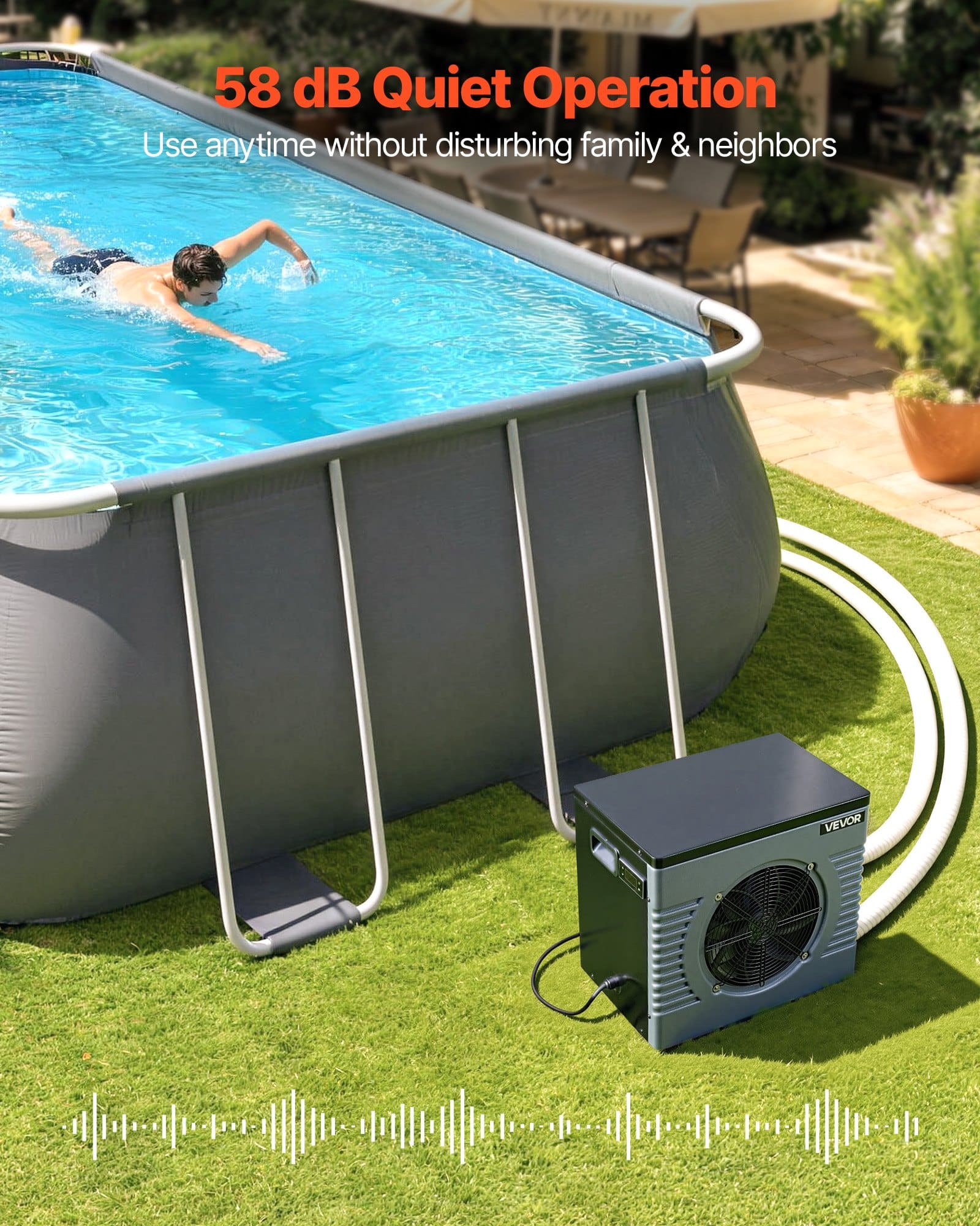 VEVOR 4.16 kW Pool Heat Pump, 220V Quiet Electric Heater & Chiller for 8–15 m³ Above Ground Pools, 15–40 °C, GFCI, Titanium - Зображення 6