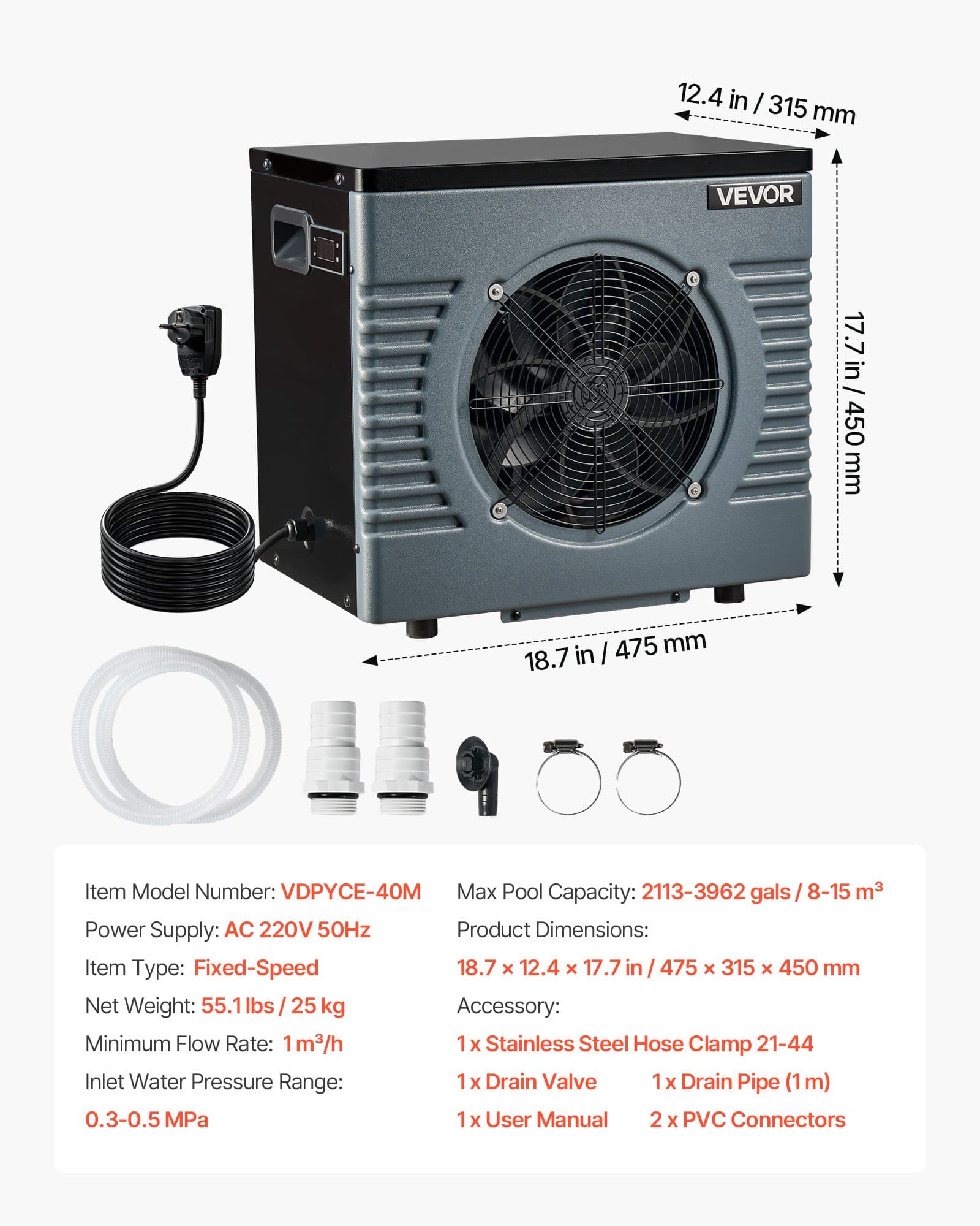 VEVOR 4.16 kW Pool Heat Pump, 220V Quiet Electric Heater & Chiller for 8–15 m³ Above Ground Pools, 15–40 °C, GFCI, Titanium - Зображення 7