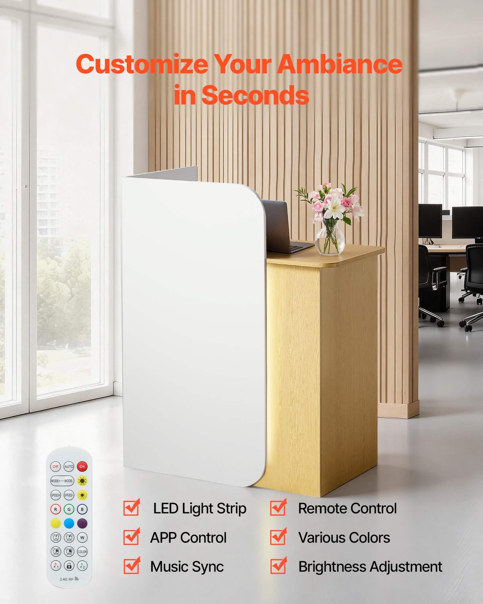 VEVOR 80 cm White Reception Desk with LED Lights, 2 Drawers, Lockable Storage & Power Outlets for Office, Salon, Retail — изображение 2