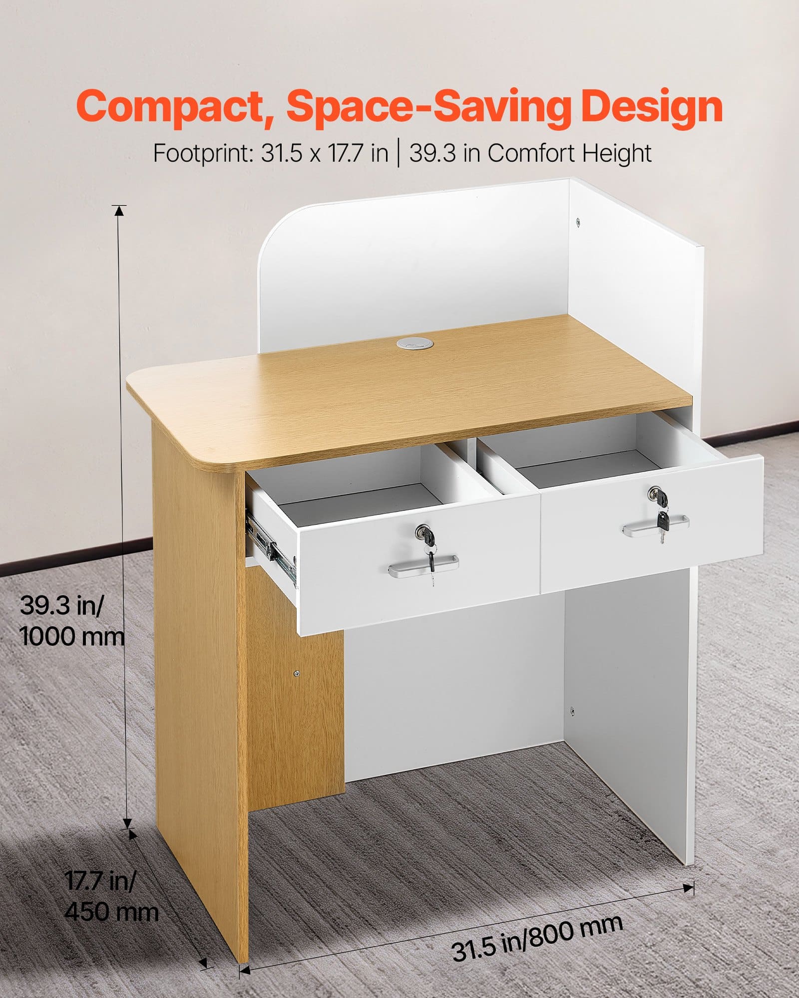 VEVOR 80 cm White Reception Desk with LED Lights, 2 Drawers, Lockable Storage & Power Outlets for Office, Salon, Retail — изображение 3