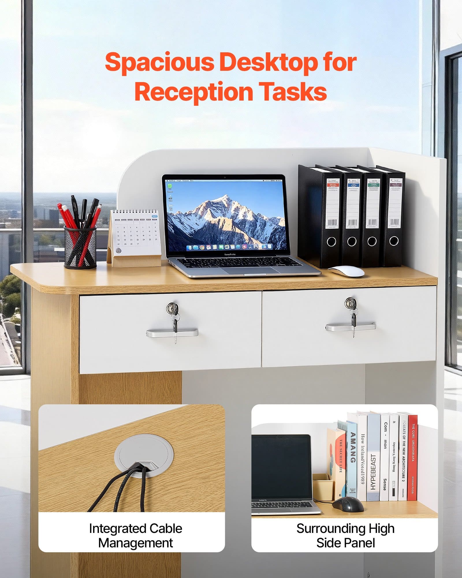 VEVOR 80 cm White Reception Desk with LED Lights, 2 Drawers, Lockable Storage & Power Outlets for Office, Salon, Retail — изображение 5