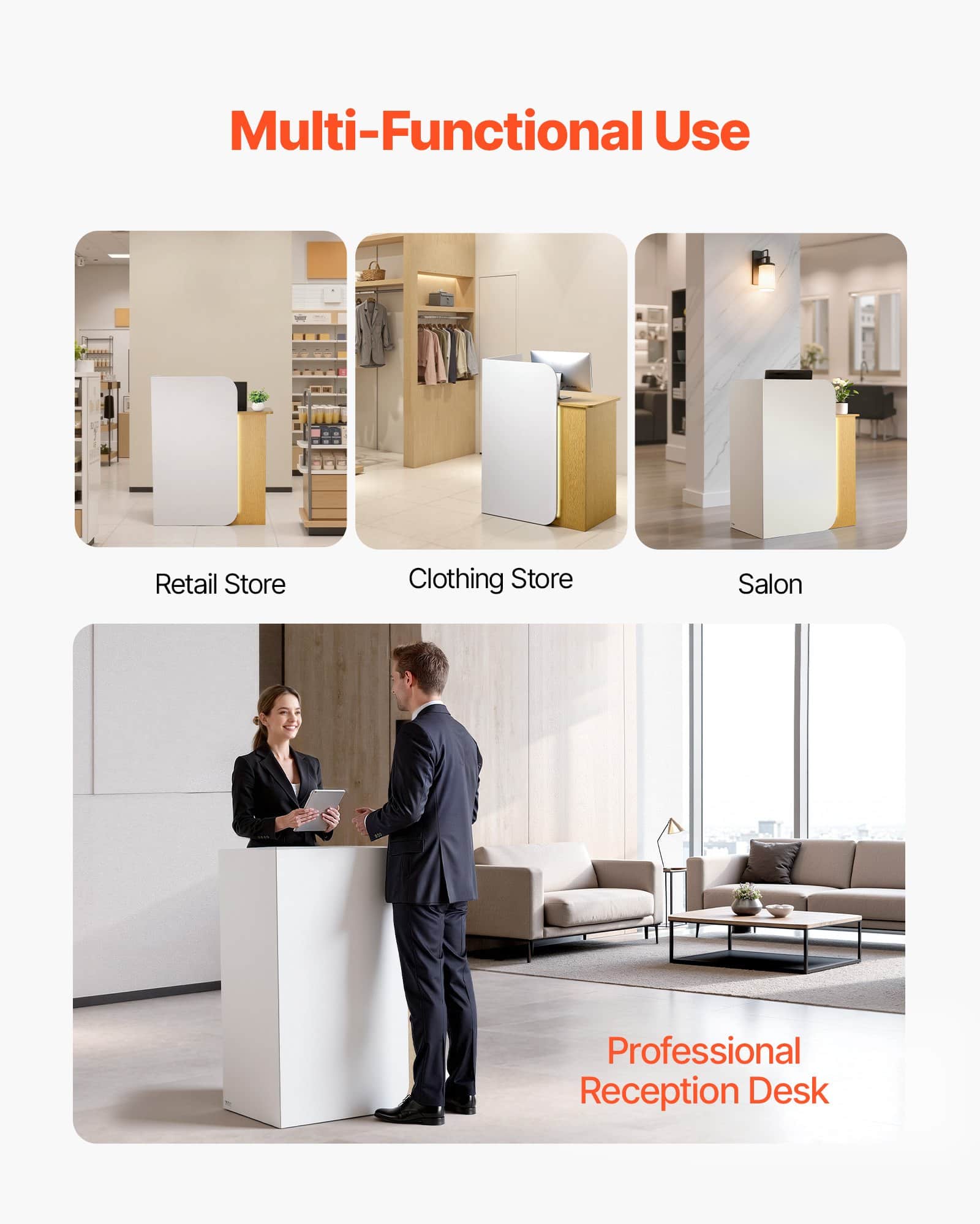 VEVOR 80 cm White Reception Desk with LED Lights, 2 Drawers, Lockable Storage & Power Outlets for Office, Salon, Retail — изображение 7