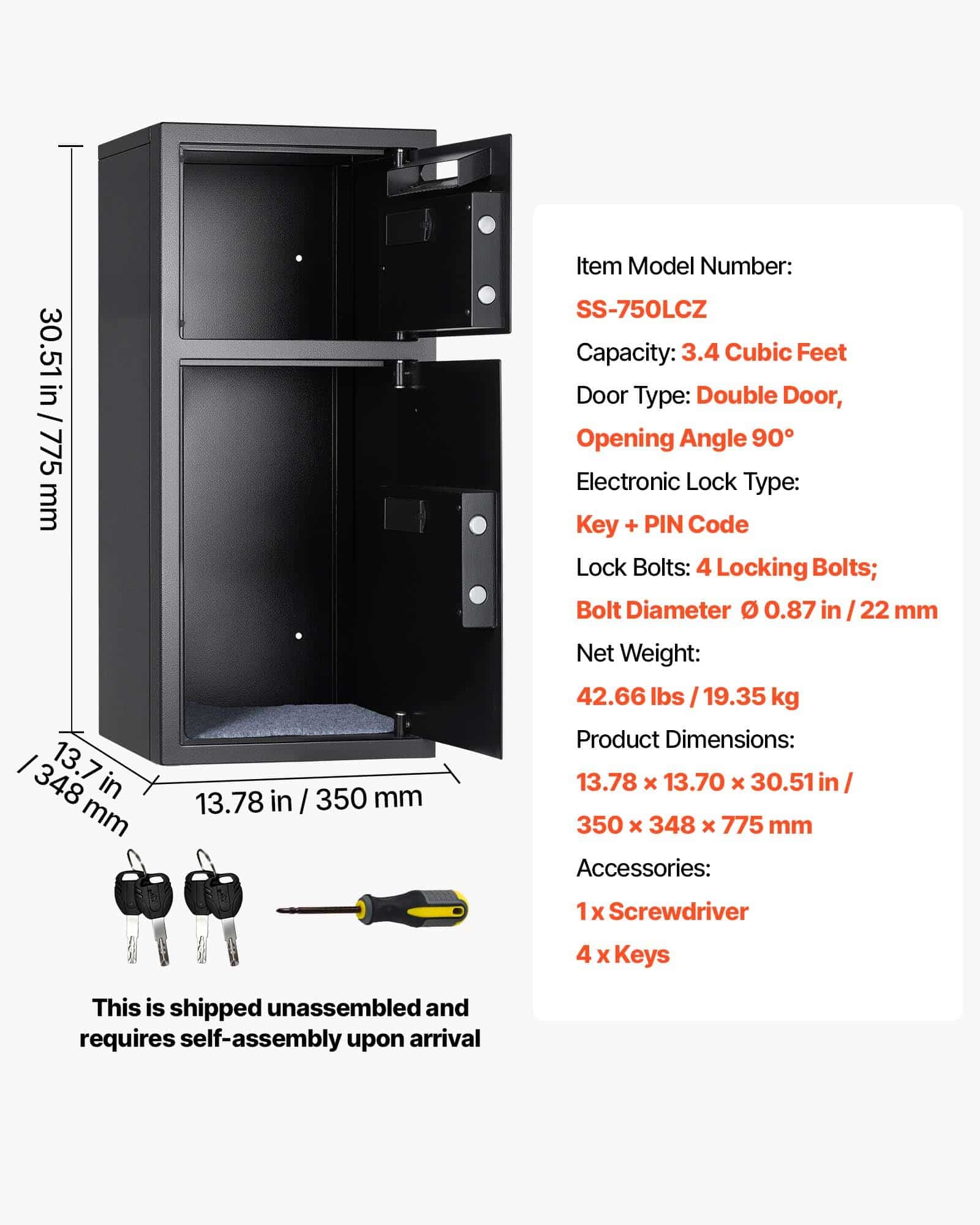VEVOR 204L Double Door Safe Box with Drop Slot, Digital Keypad & Key, Fireproof Steel Security Vault for Cash, Documents, Jewelry - Зображення 7