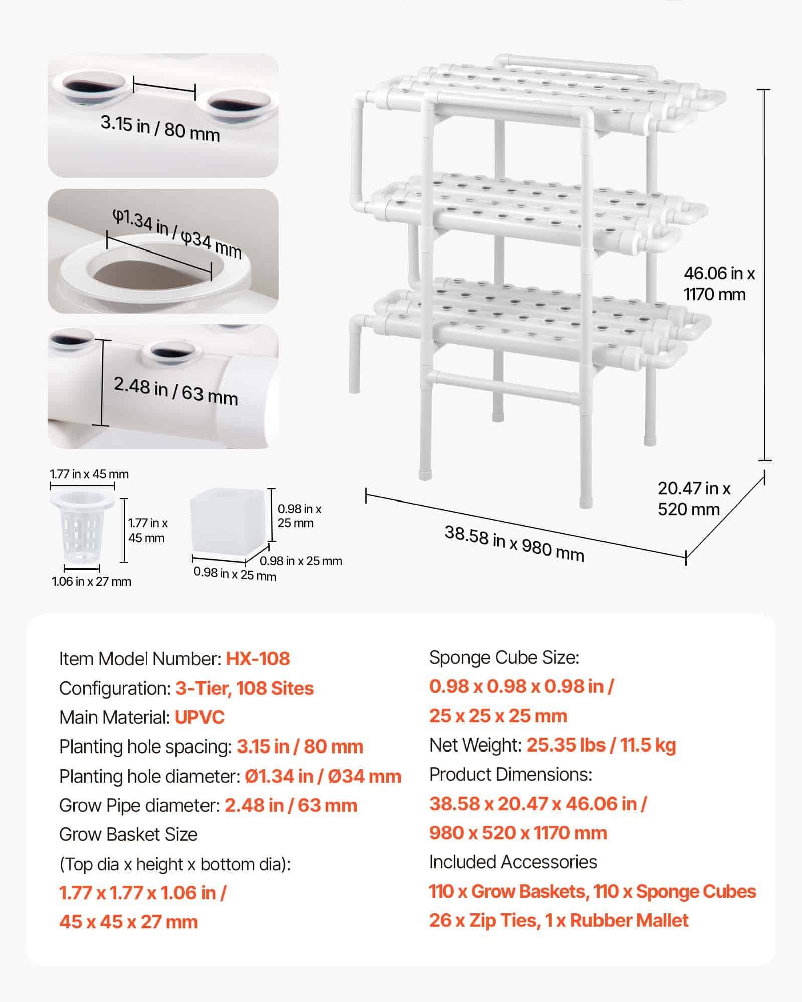 VEVOR 3-Tier Hydroponic Growing System 108-Site UPVC Kit with Timer Pump for Indoor Home Vegetable, Herb & Fruit Cultivation — изображение 7