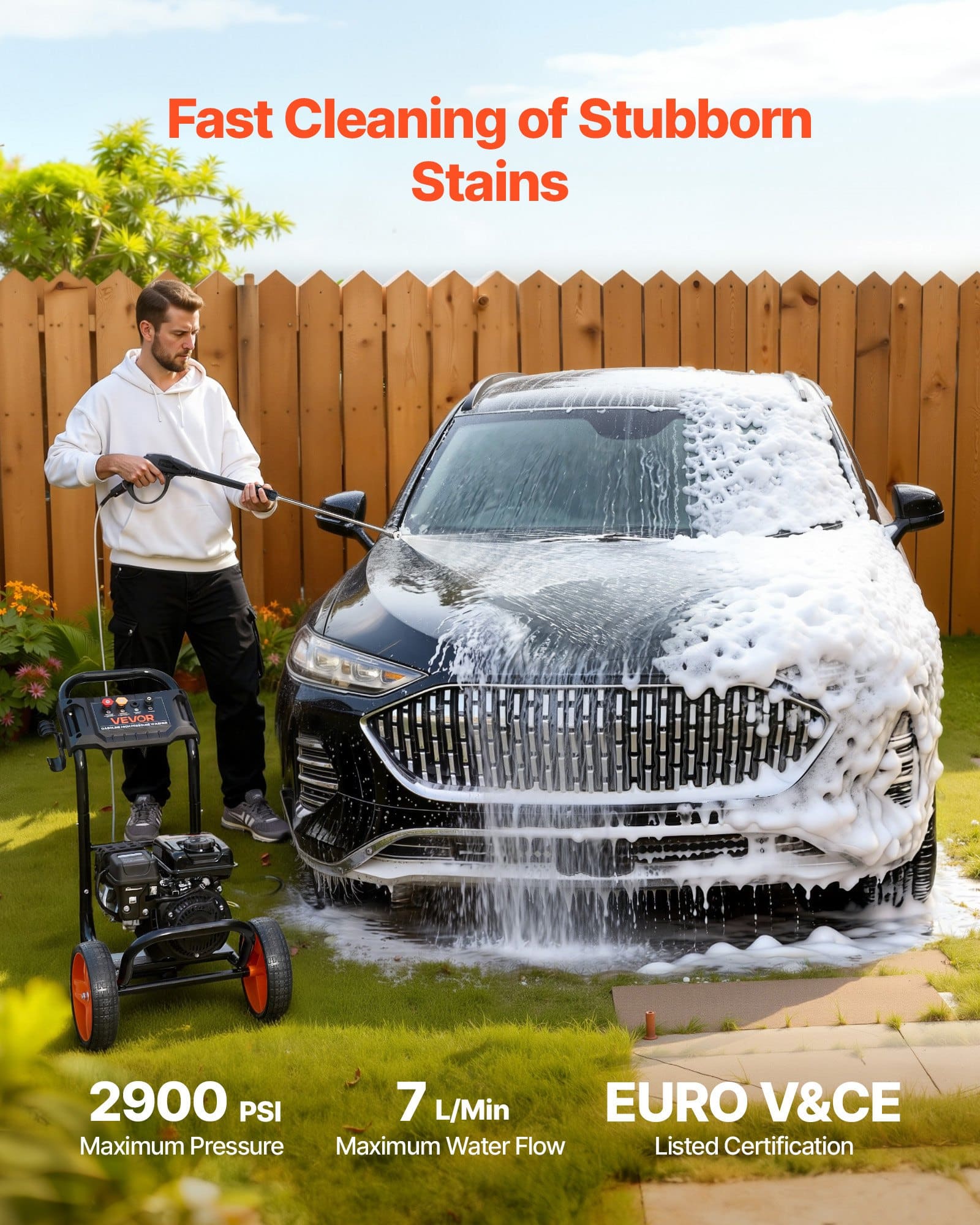 VEVOR 200 bar 7 L/min Gas Pressure Washer, Aluminum Pump, 4 Nozzles, 8 m Hose, 25 cm Wheels, for Cars, Fences, Patios, Driveways – Paveikslėlis 2