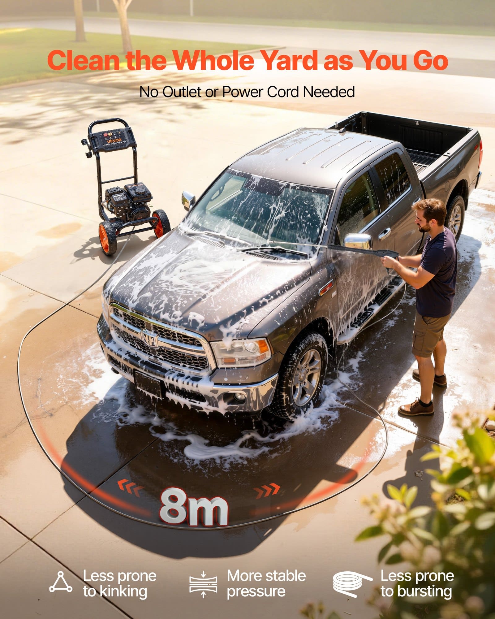 VEVOR 200 bar 7 L/min Gas Pressure Washer, Aluminum Pump, 4 Nozzles, 8 m Hose, 25 cm Wheels, for Cars, Fences, Patios, Driveways – Paveikslėlis 5