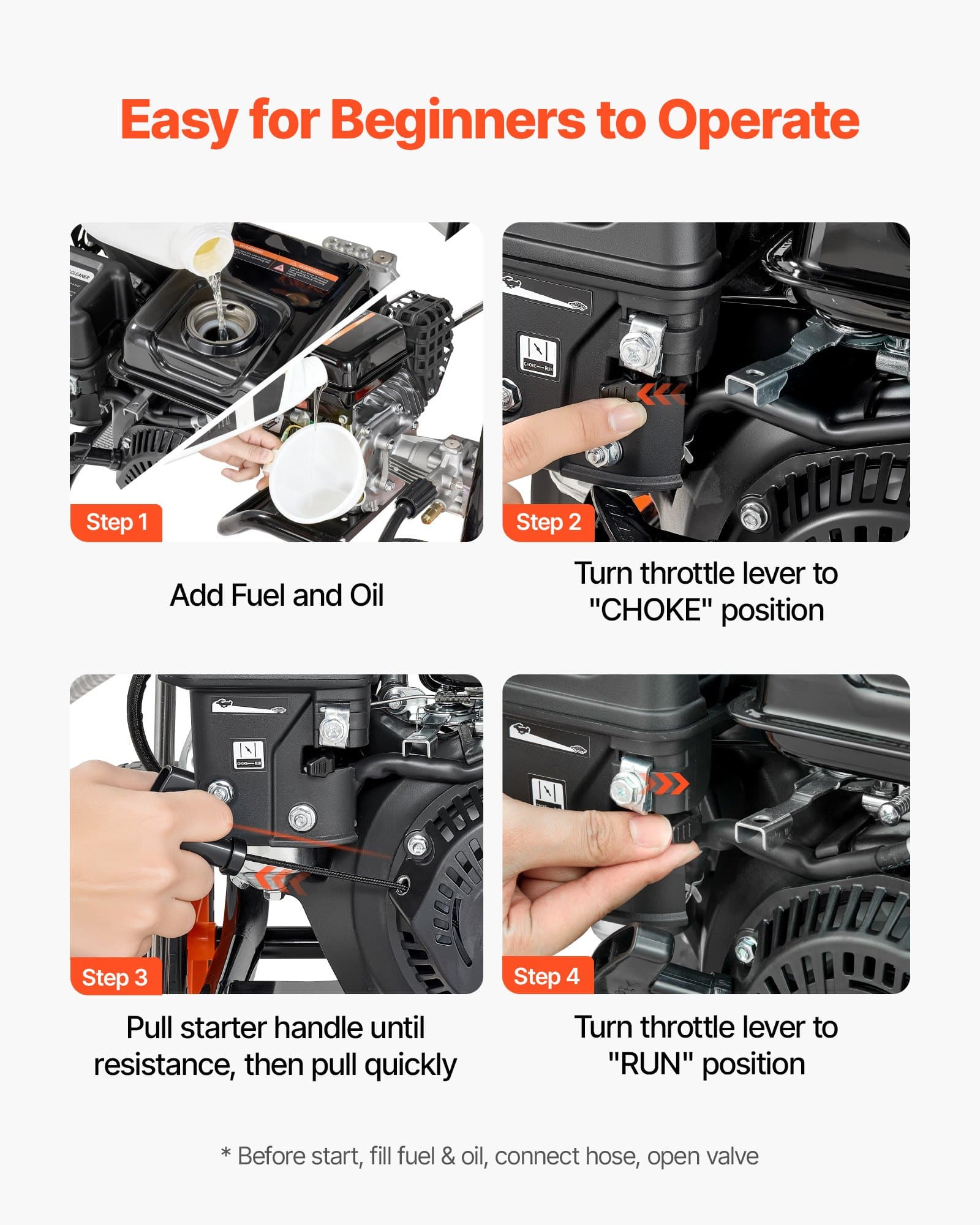 VEVOR 200 bar 7 L/min Gas Pressure Washer, Aluminum Pump, 4 Nozzles, 8 m Hose, 25 cm Wheels, for Cars, Fences, Patios, Driveways – Paveikslėlis 6