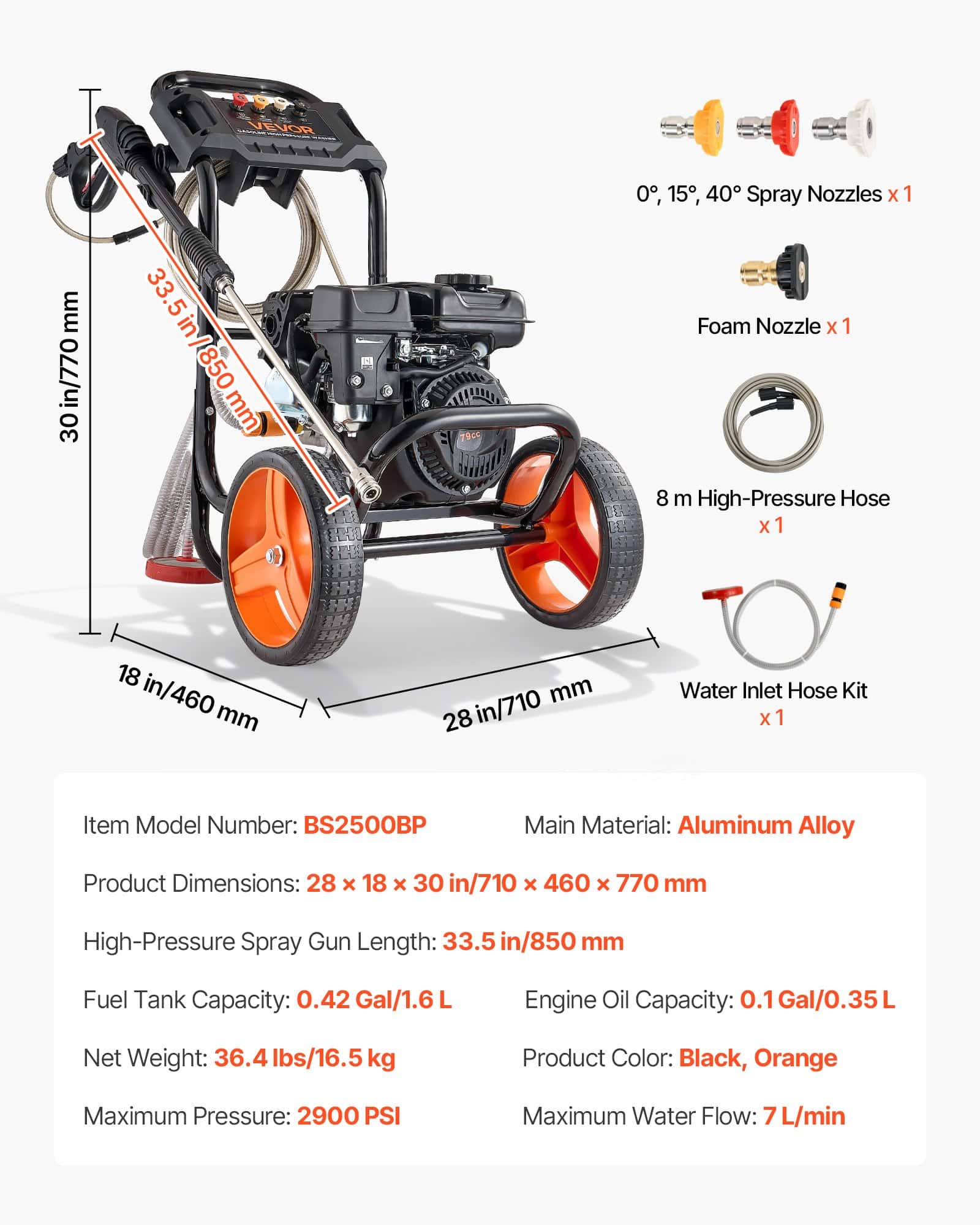 VEVOR 200 bar 7 L/min Gas Pressure Washer, Aluminum Pump, 4 Nozzles, 8 m Hose, 25 cm Wheels, for Cars, Fences, Patios, Driveways – Paveikslėlis 7
