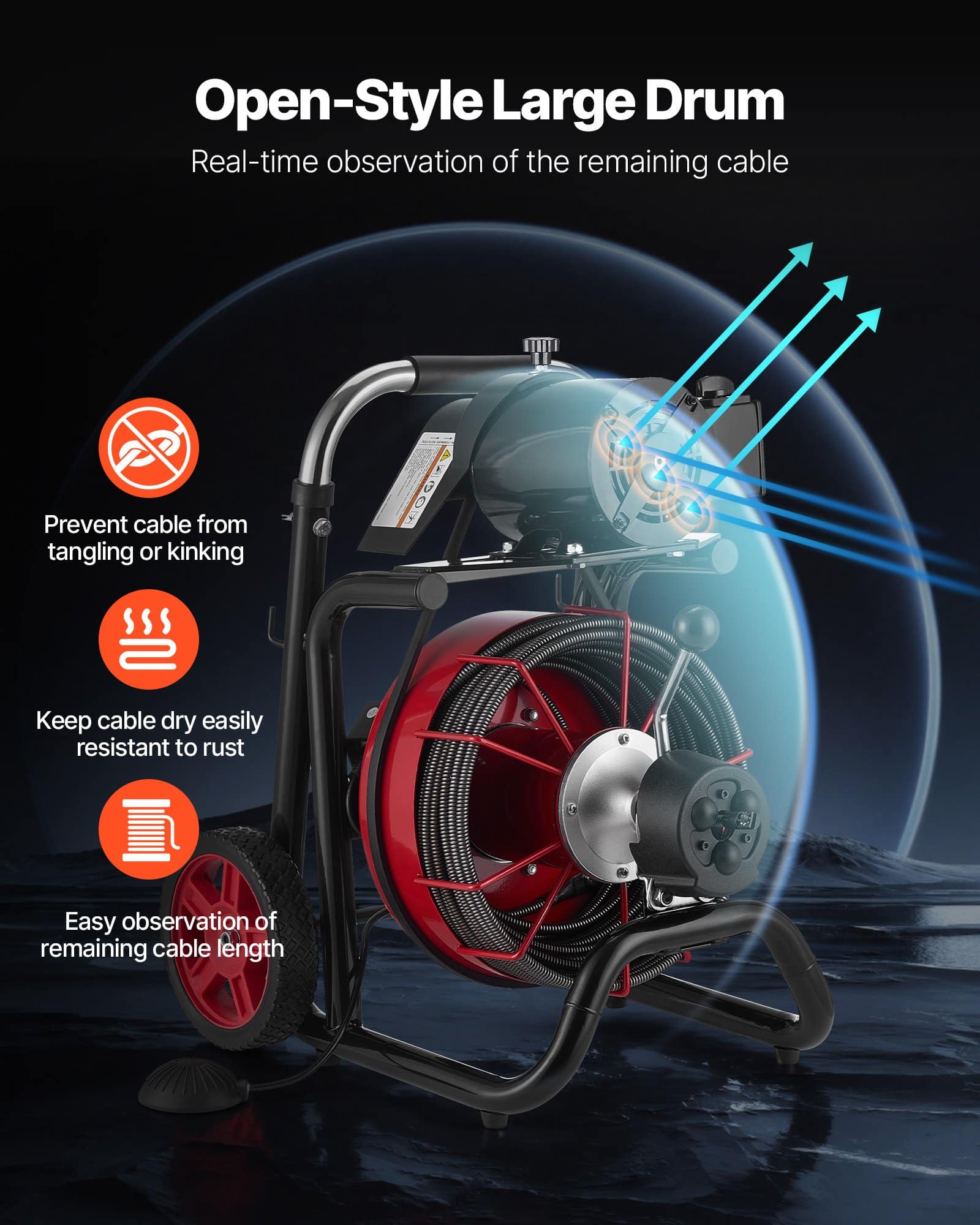 VEVOR 30 m Drain Cleaner Machine 10.5 mm Cable, Auto-Feed Sewer Snake on Wheels with 8 Cutters & Foot Switch for 50–100 mm Pipes — изображение 4