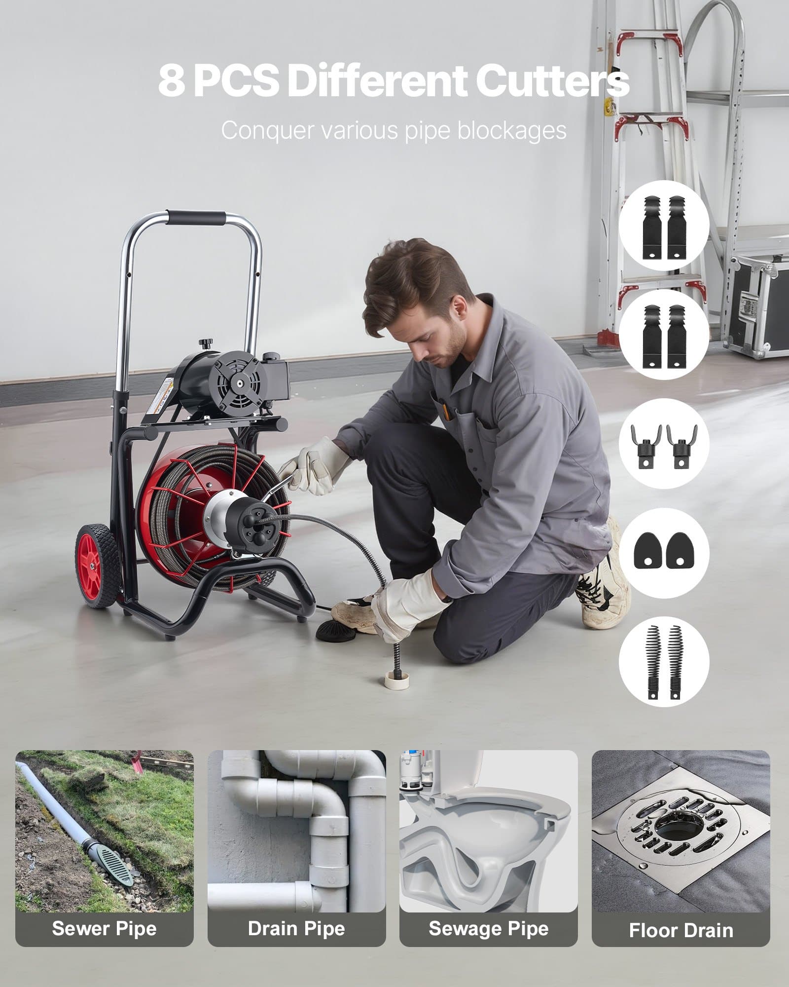 VEVOR 30 m Drain Cleaner Machine 10.5 mm Cable, Auto-Feed Sewer Snake on Wheels with 8 Cutters & Foot Switch for 50–100 mm Pipes — изображение 5