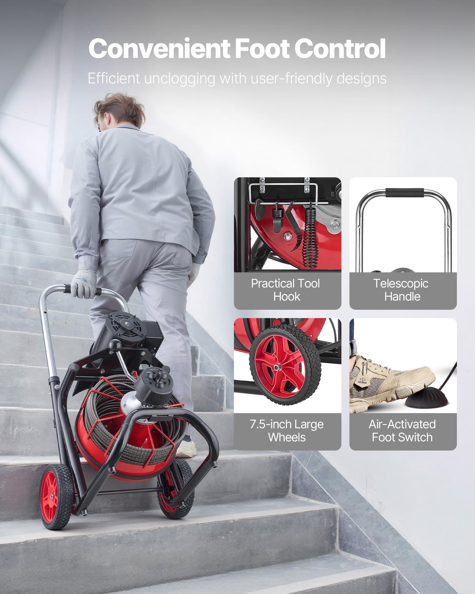 VEVOR 30 m Drain Cleaner Machine 10.5 mm Cable, Auto-Feed Sewer Snake on Wheels with 8 Cutters & Foot Switch for 50–100 mm Pipes — изображение 6