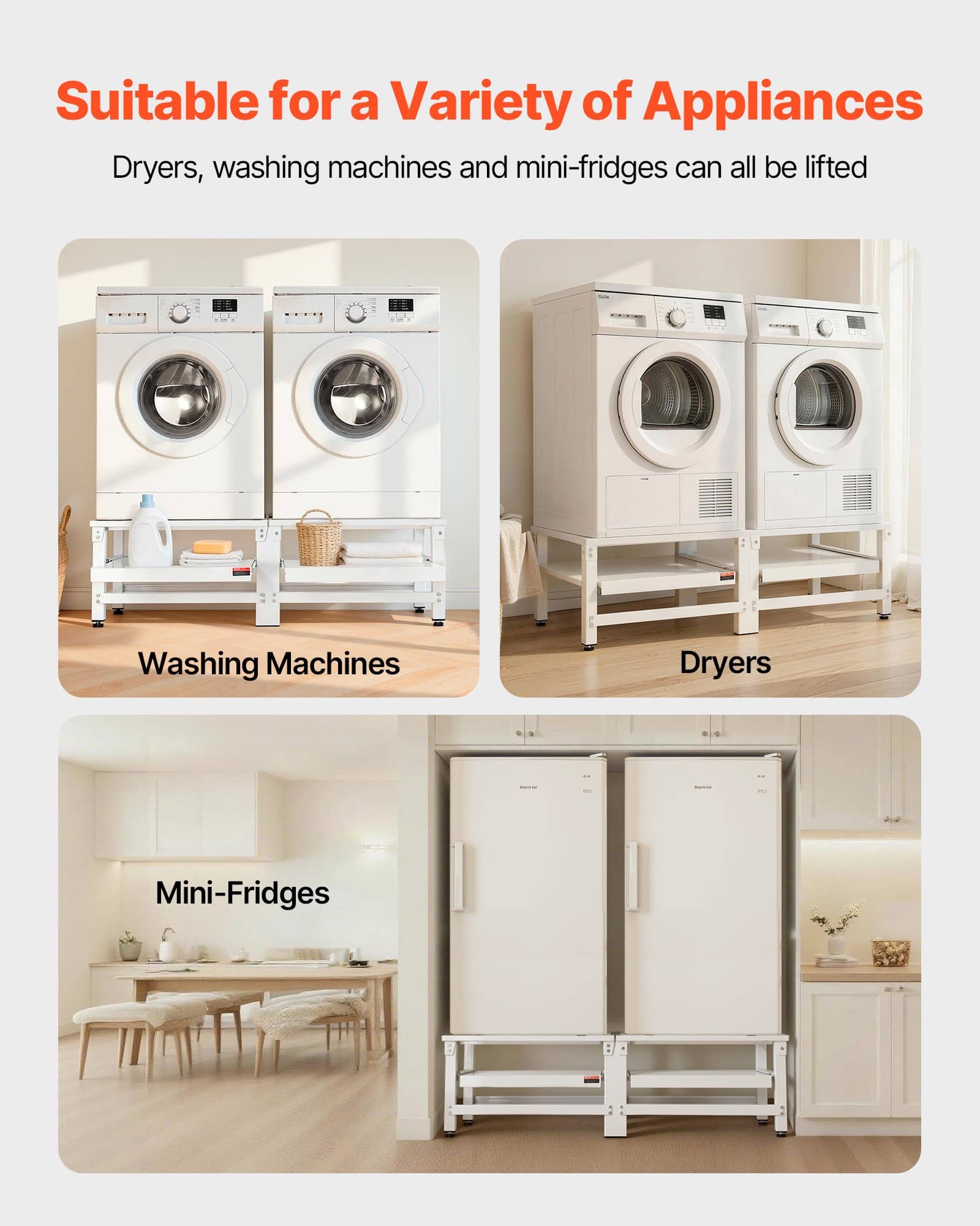 VEVOR Adjustable Laundry Pedestals 355 mm, Steel Washer Dryer Stands with Pull-Out Tray, 318 kg Load, Anti-Vibration, White, 2 pcs - Зображення 2