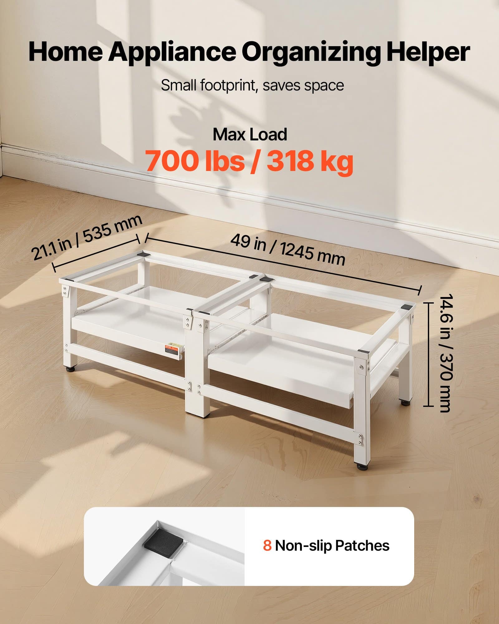 VEVOR Adjustable Laundry Pedestals 355 mm, Steel Washer Dryer Stands with Pull-Out Tray, 318 kg Load, Anti-Vibration, White, 2 pcs - Зображення 3