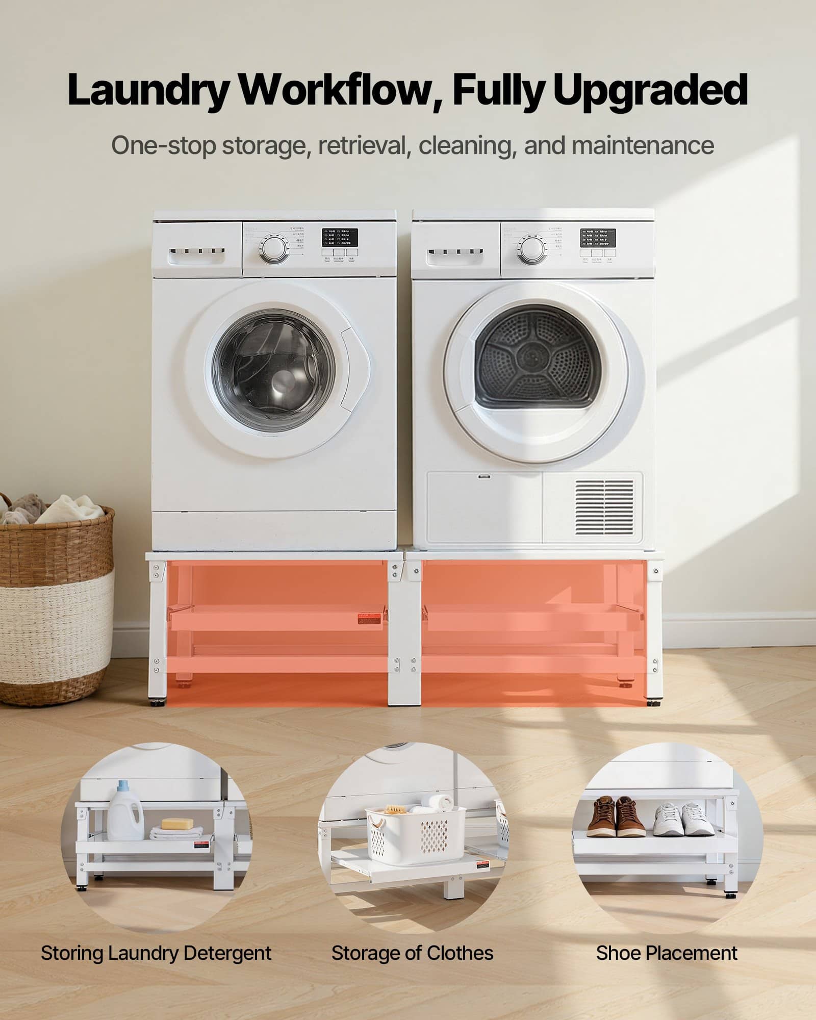 VEVOR Adjustable Laundry Pedestals 355 mm, Steel Washer Dryer Stands with Pull-Out Tray, 318 kg Load, Anti-Vibration, White, 2 pcs - Зображення 7