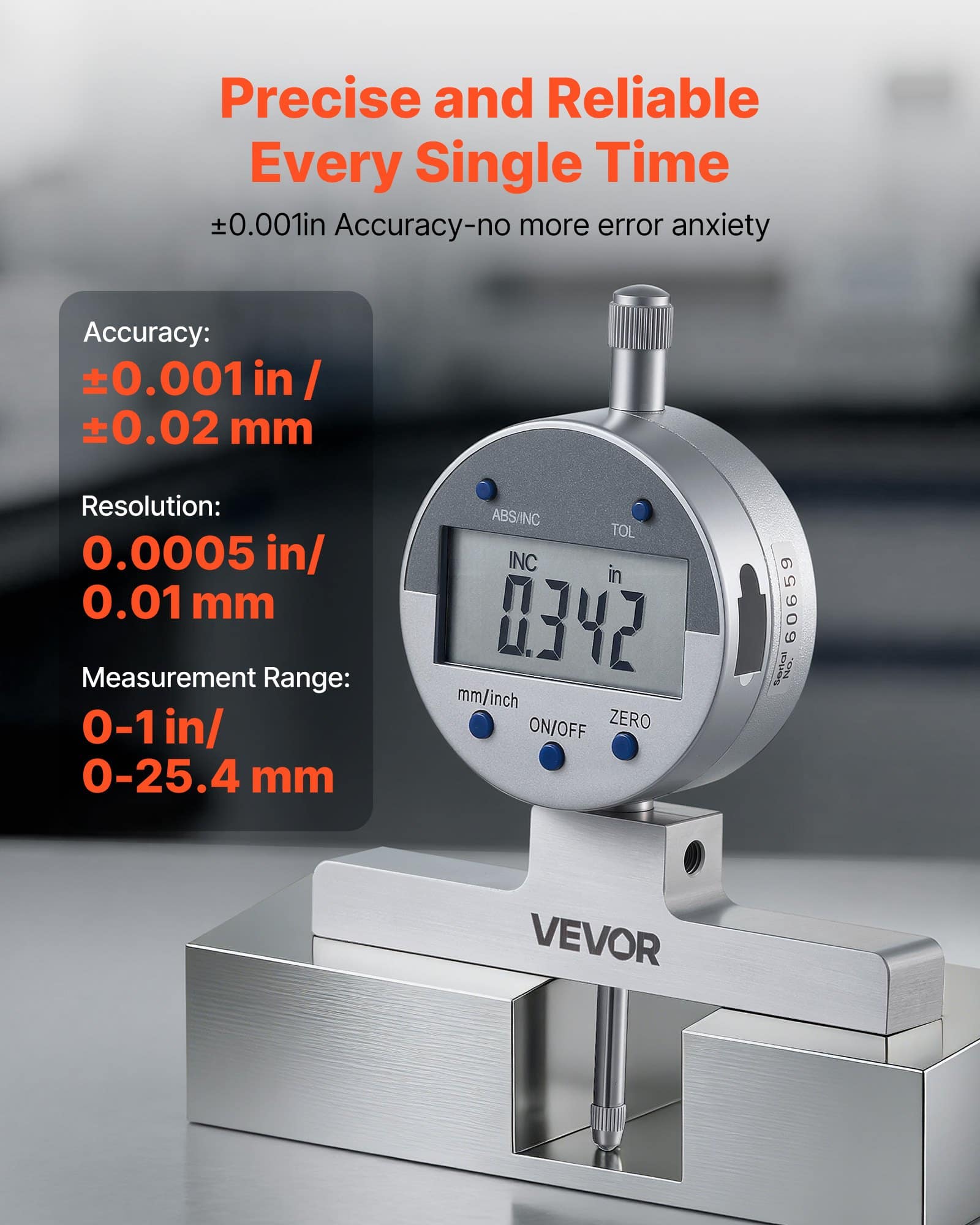 VEVOR Digital Depth Micrometer 0–558.8 mm, 0.01 mm Resolution, LCD, 4 Anvils, 6 Rods, Precision Depth Gauge for Grooves and Holes – Paveikslėlis 2