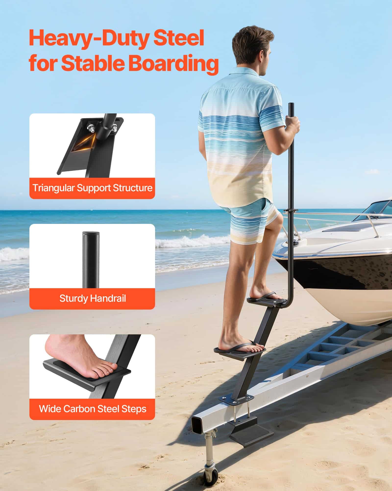 VEVOR 3-Step Steel Boat Trailer Ladder with Handrail, Non-Slip Steps, Bottom Mount for 76.2–101.6 mm Cross Beams — изображение 2