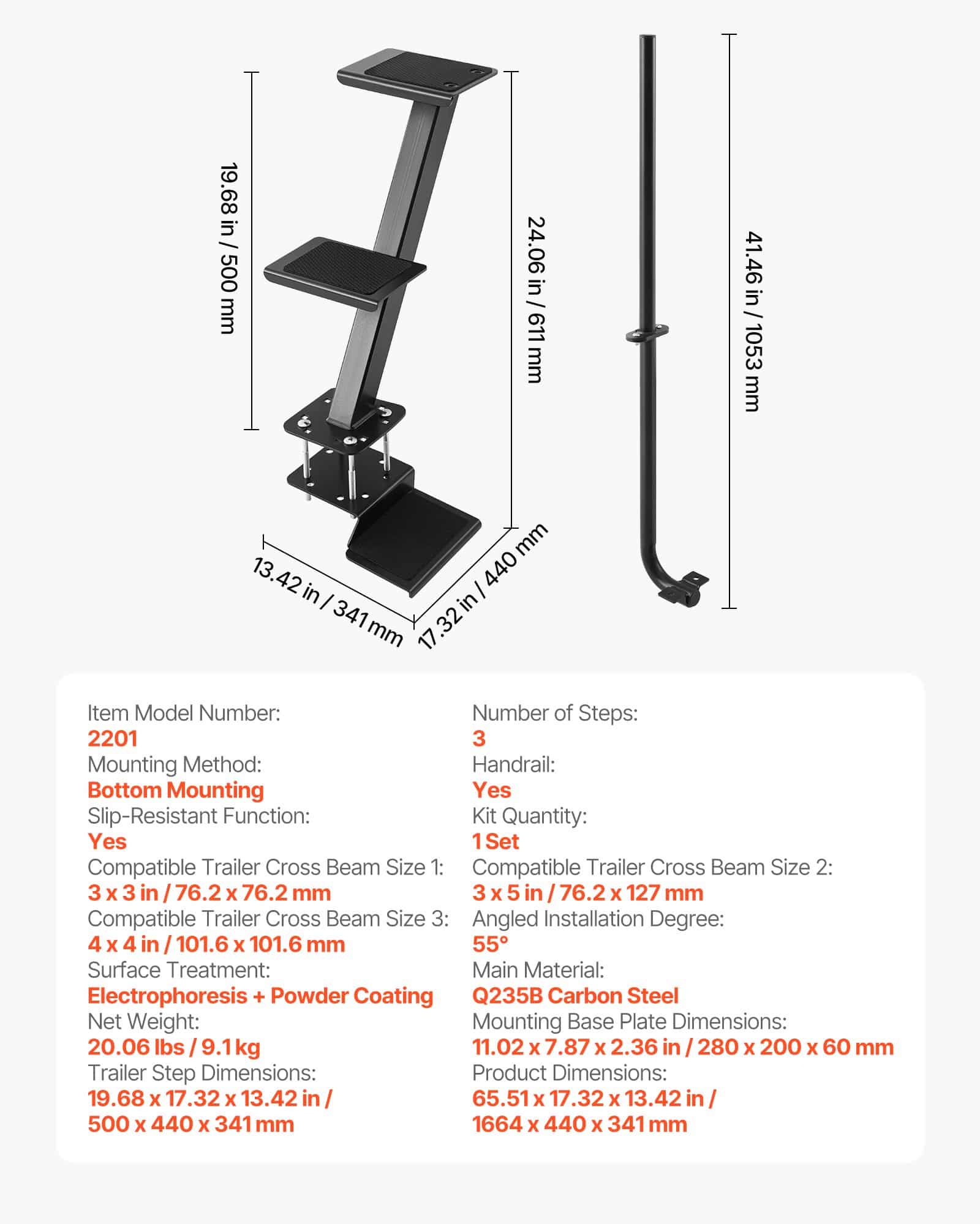 VEVOR 3-Step Steel Boat Trailer Ladder with Handrail, Non-Slip Steps, Bottom Mount for 76.2–101.6 mm Cross Beams — изображение 7