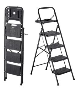 VEVOR складная стальная стремянка 4 ступени с широкими противоскользящими ступенями, лотком для инструментов, 272 кг, для дома и офиса, чёрная