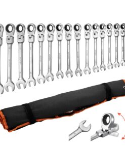 VEVOR 30‑Piece Flex-Head Ratcheting Combination Wrench Set, 8–24 mm & 6.35–25.4 mm, 72‑Tooth Cr‑V with Roll‑Up Pouch, Silver