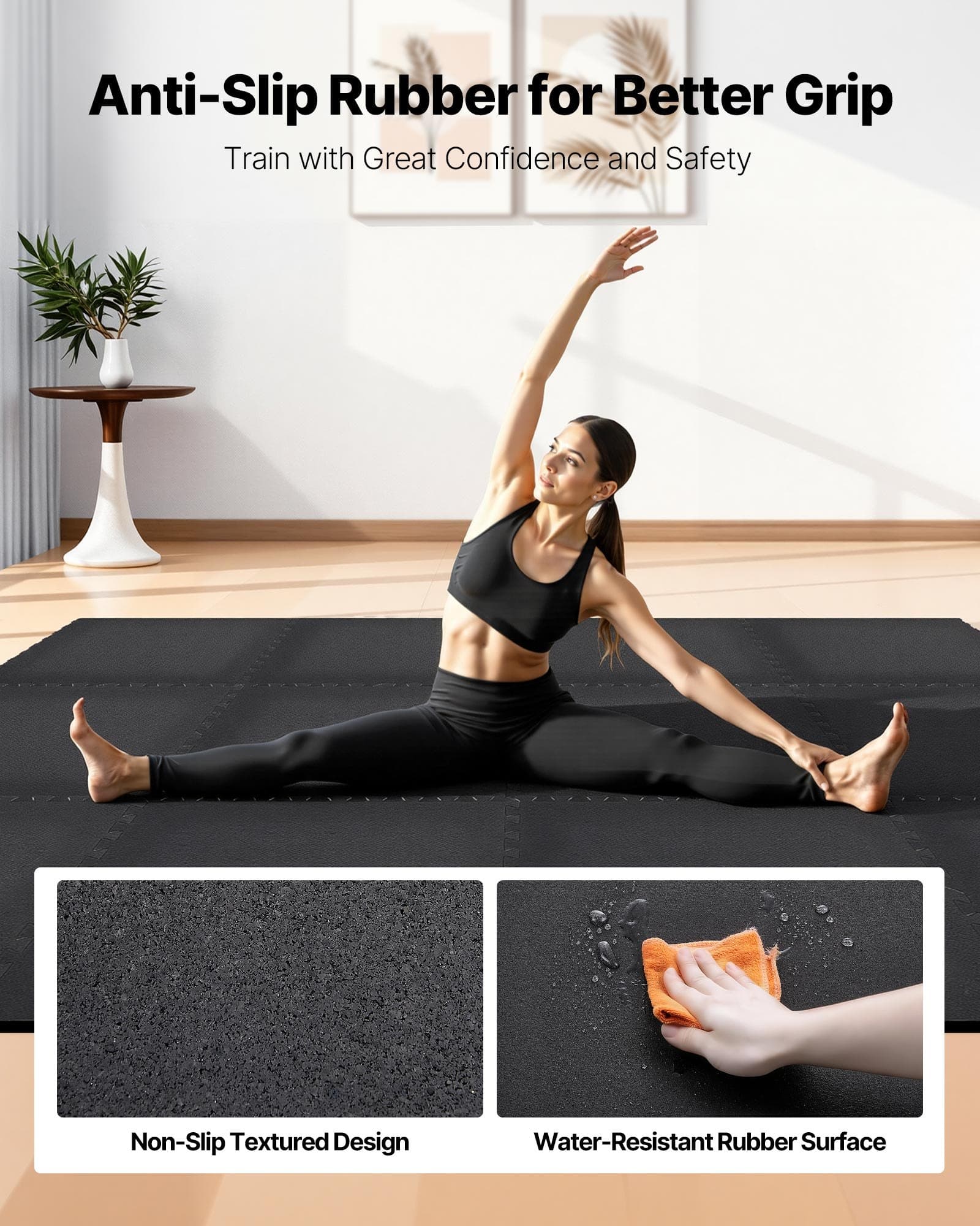 VEVOR 12-Piece Interlocking EVA Foam Gym Floor Mat Set 610 x 610 x 14 mm, Noise-Reducing Protective Exercise Tiles, Black - Image 3