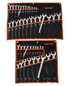VEVOR 44-Piece Combination Wrench Set, Metric 6–32 mm & SAE, 12-Point, 15° Open End, Carbon Steel with Roll-Up Pouch