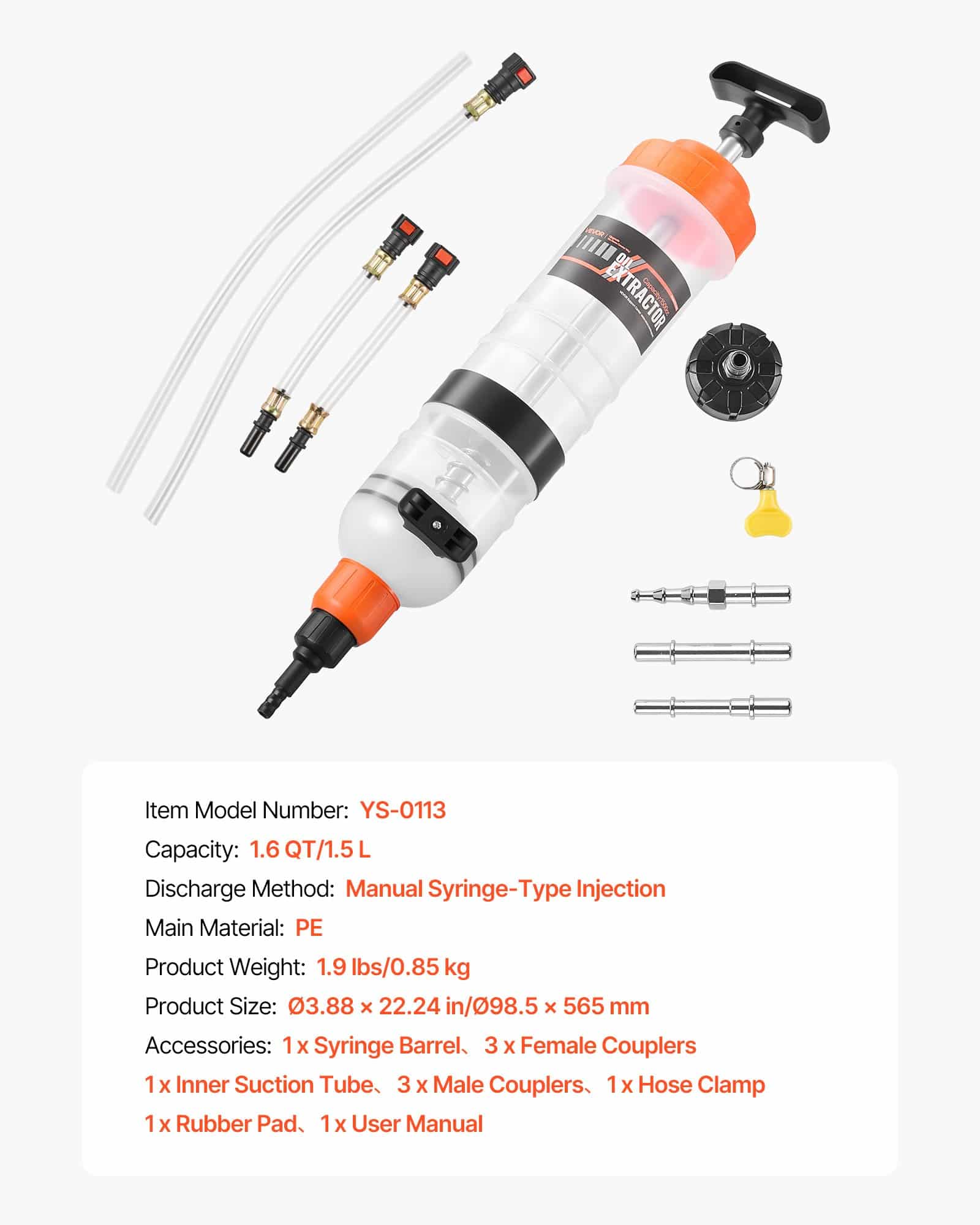 VEVOR 1.5 L Manual Fluid Extractor Pump, Oil Syringe with Hoses and Adapters for Engine Oil, Coolant, Brake and Transmission Fluid — изображение 7