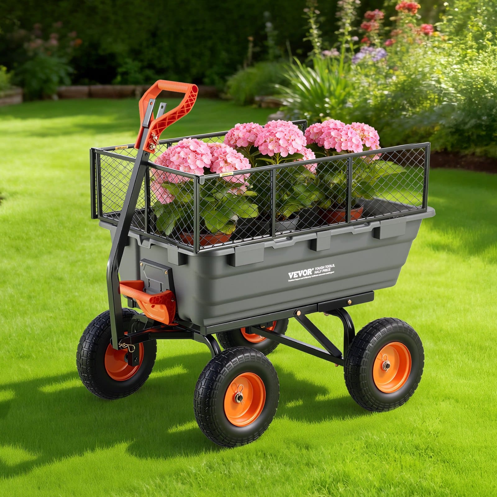 VEVOR Garden Dump Cart 544 kg, Poly Yard Wagon with Fence, 330 mm Wheels, 2-in-1 Tow Handle, Quick-Dump for Soil and Plants – Paveikslėlis 8