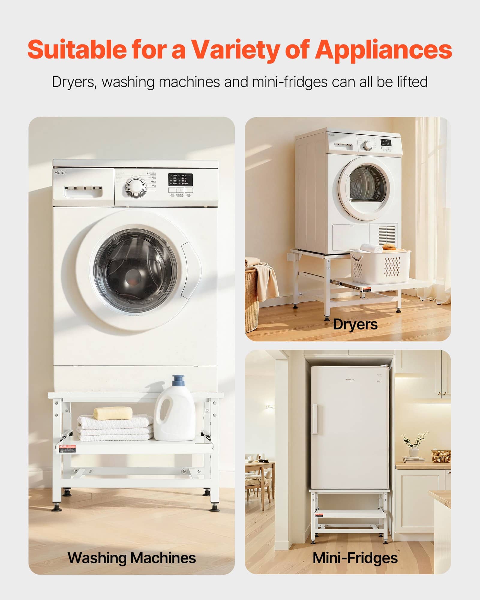 VEVOR Adjustable Laundry Pedestal 410 mm, Steel Washer Dryer Stand with Pull-Out Tray, 318 kg Load, Anti-Vibration, White - Зображення 2