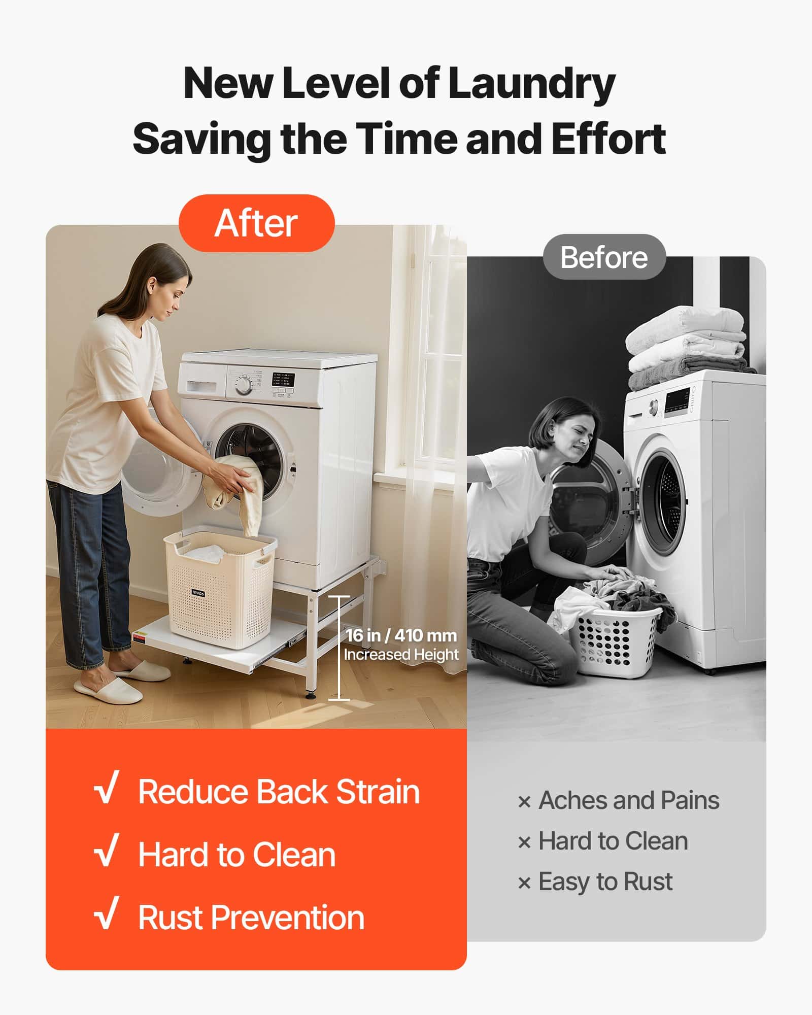 VEVOR Adjustable Laundry Pedestal 410 mm, Steel Washer Dryer Stand with Pull-Out Tray, 318 kg Load, Anti-Vibration, White - Зображення 4