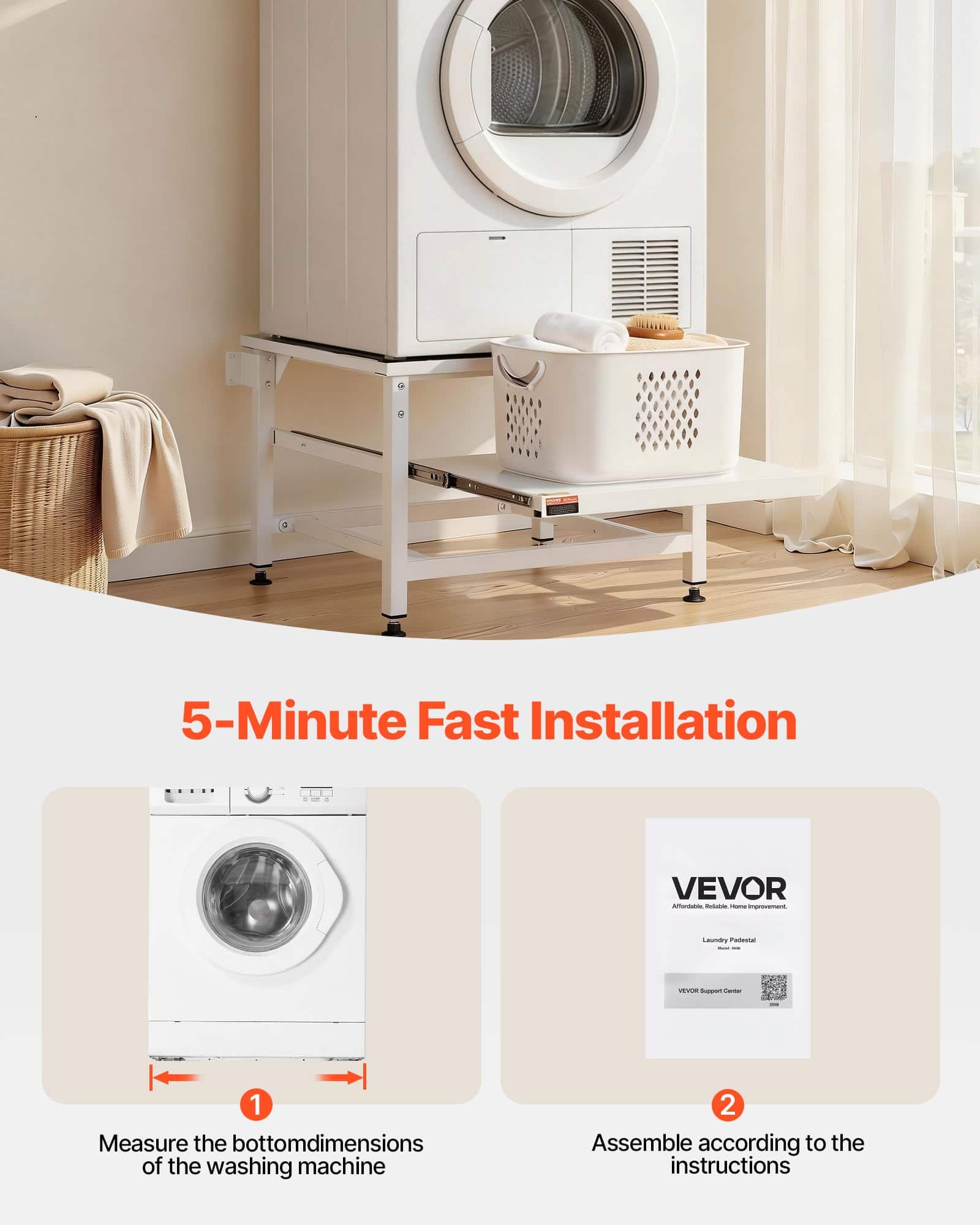 VEVOR Adjustable Laundry Pedestal 410 mm, Steel Washer Dryer Stand with Pull-Out Tray, 318 kg Load, Anti-Vibration, White - Зображення 5