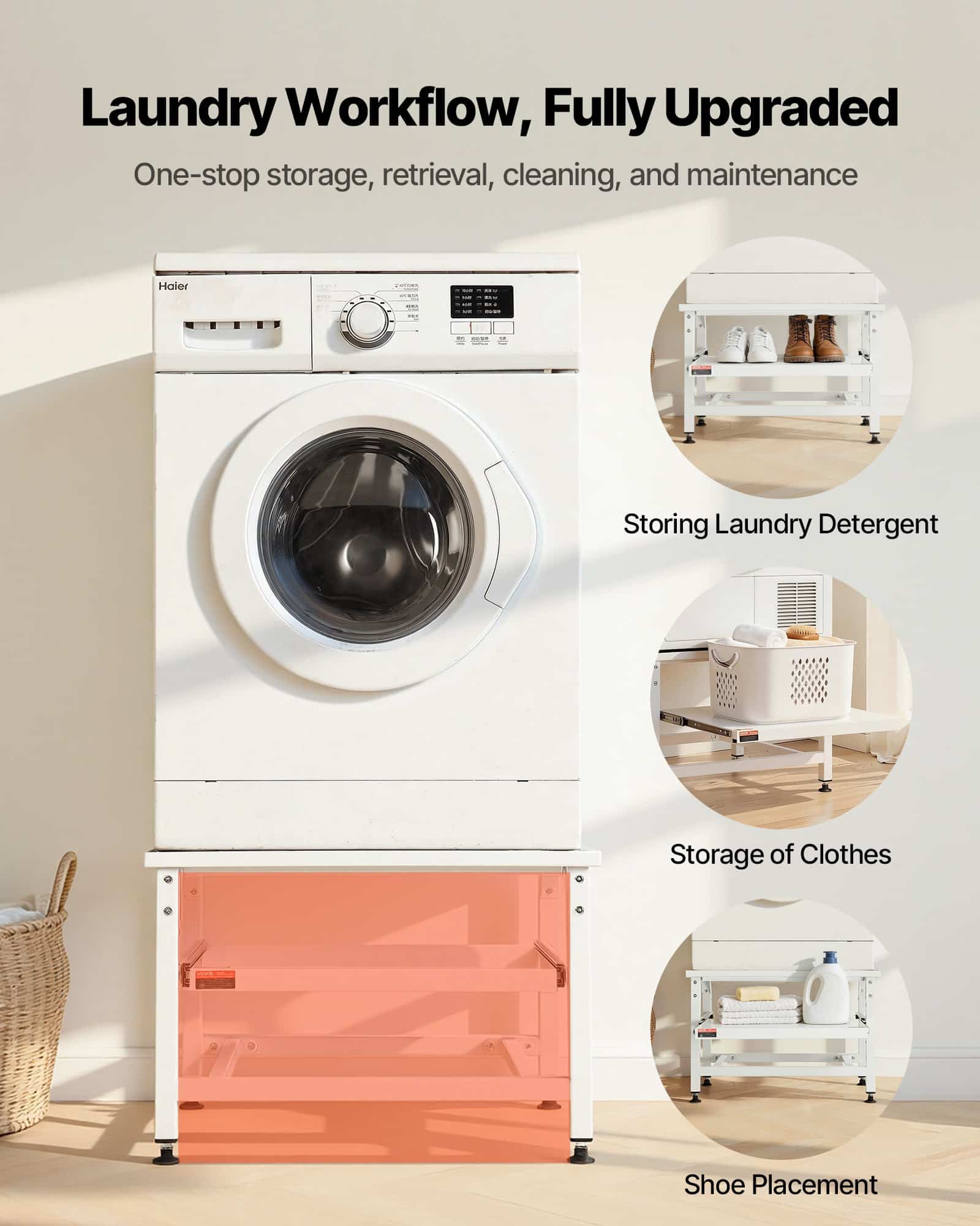 VEVOR Adjustable Laundry Pedestal 410 mm, Steel Washer Dryer Stand with Pull-Out Tray, 318 kg Load, Anti-Vibration, White - Зображення 7