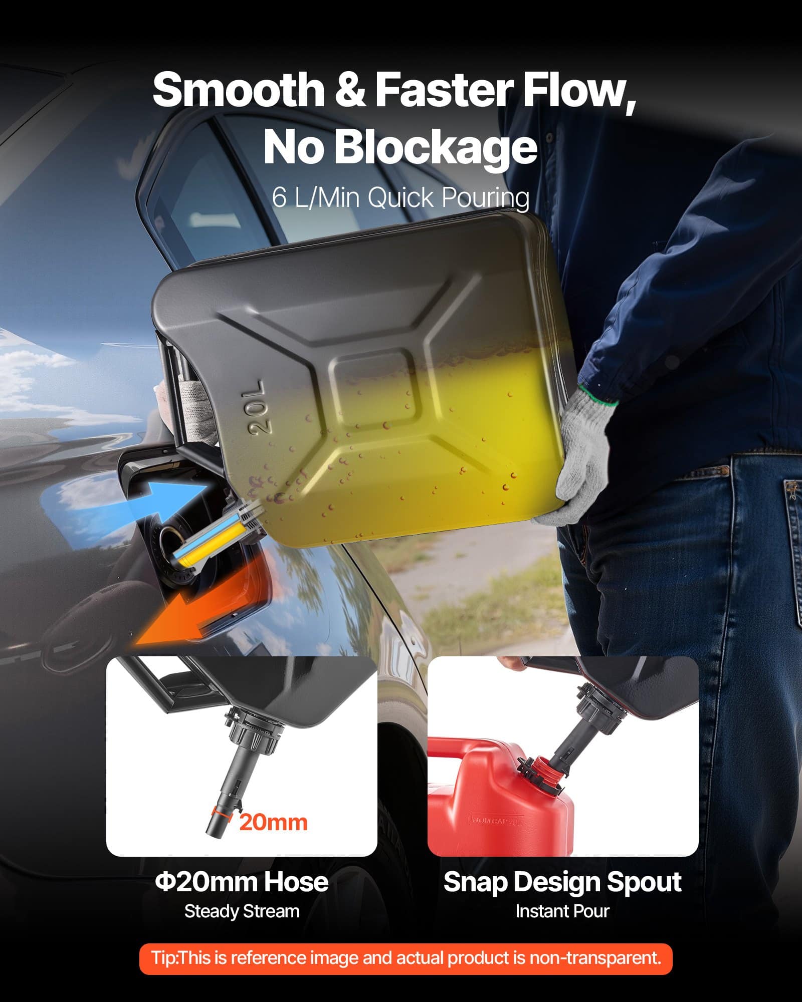 VEVOR 20 L Metal Fuel Jerry Can, Leakproof Gas Tank with Spout, 6 L/min Fast Flow, For Cars, Motorcycles, ATV, Camping, Black — attēls 4